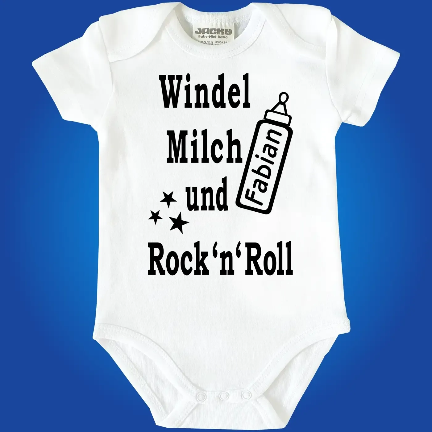 Baby‑Body mit Spruch „Windel, Milch und Rock’n’Roll“