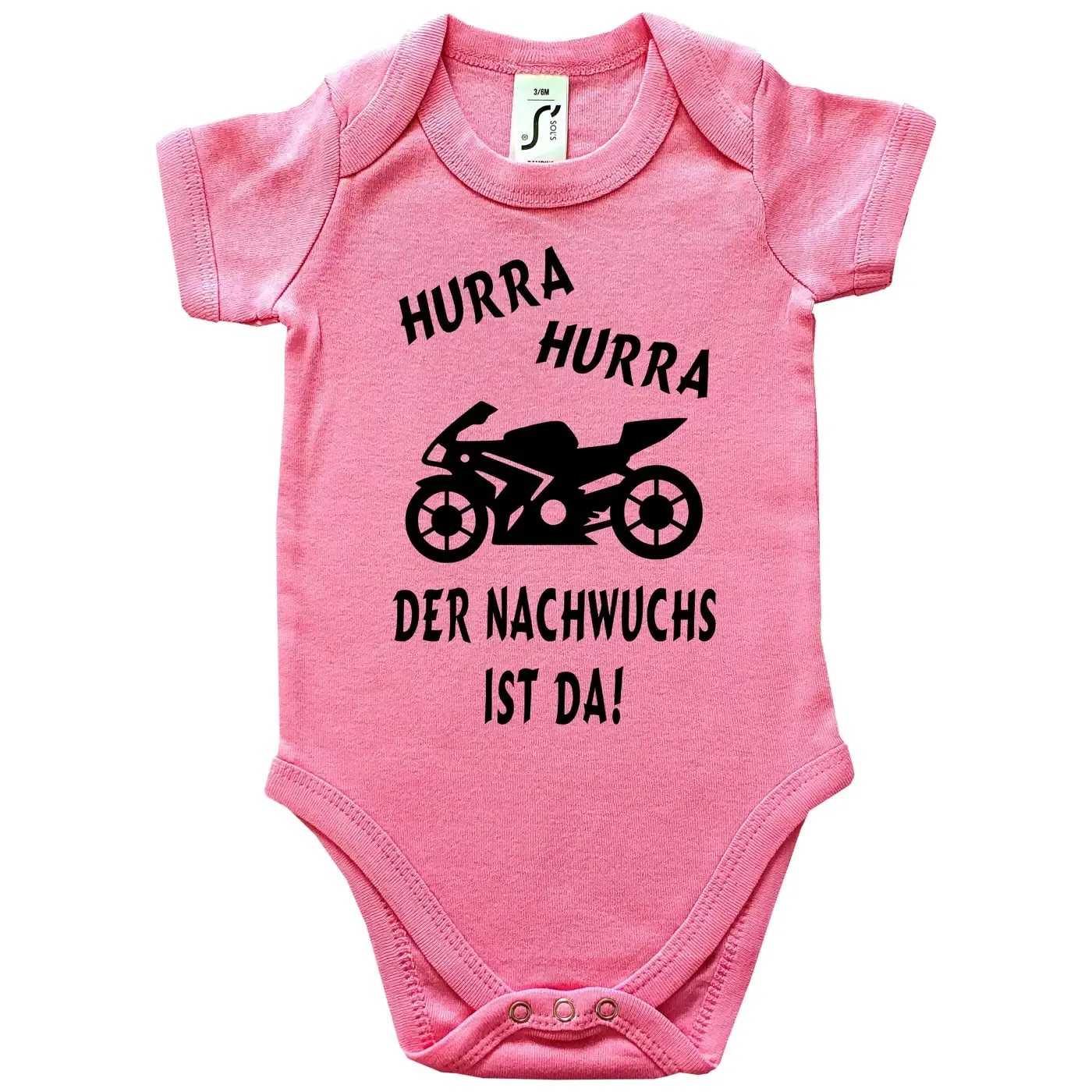 Babybody mit witzigem Biker‑Spruch und Motorrad