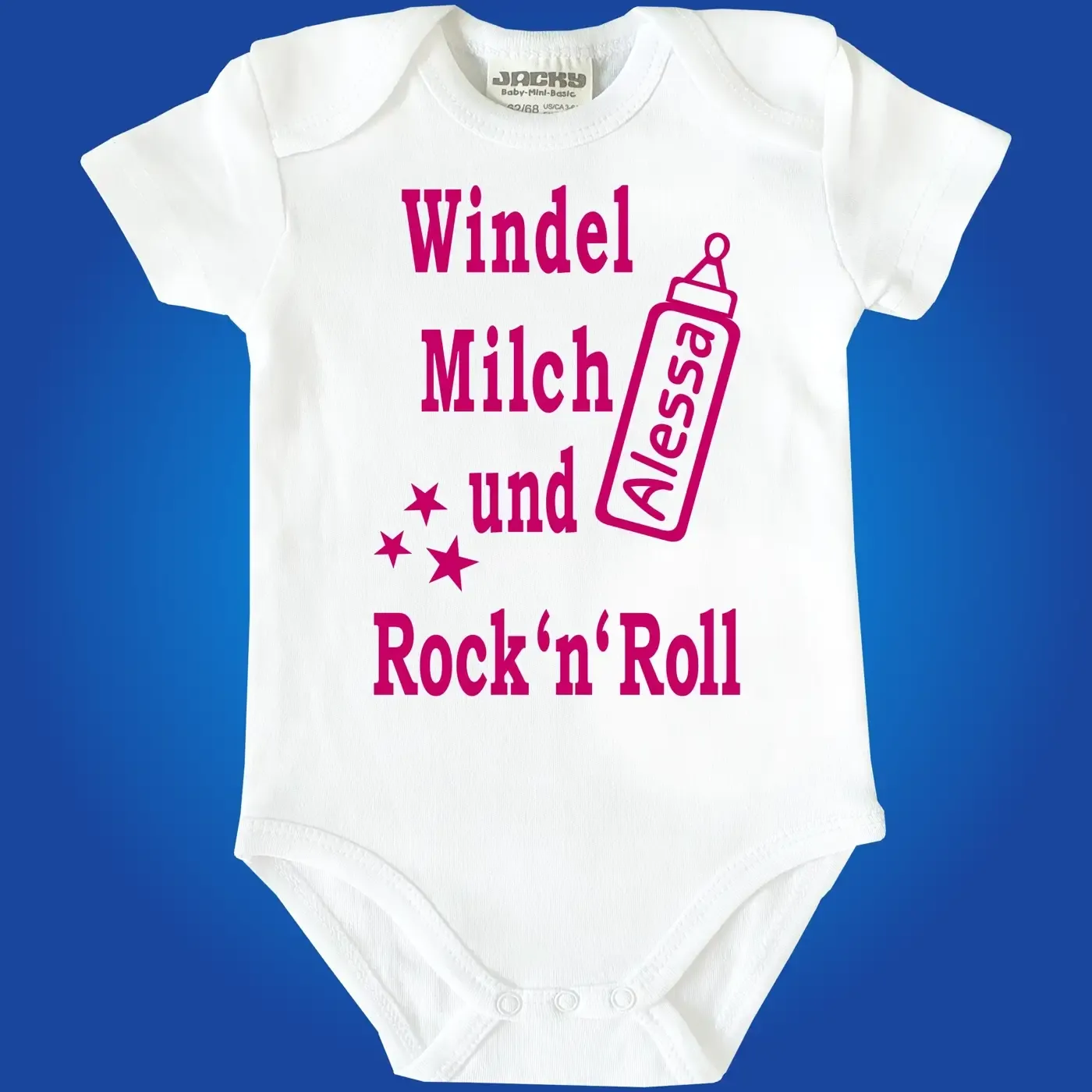 Babybody mit Musik‑Spruch und Flaschen Grafik