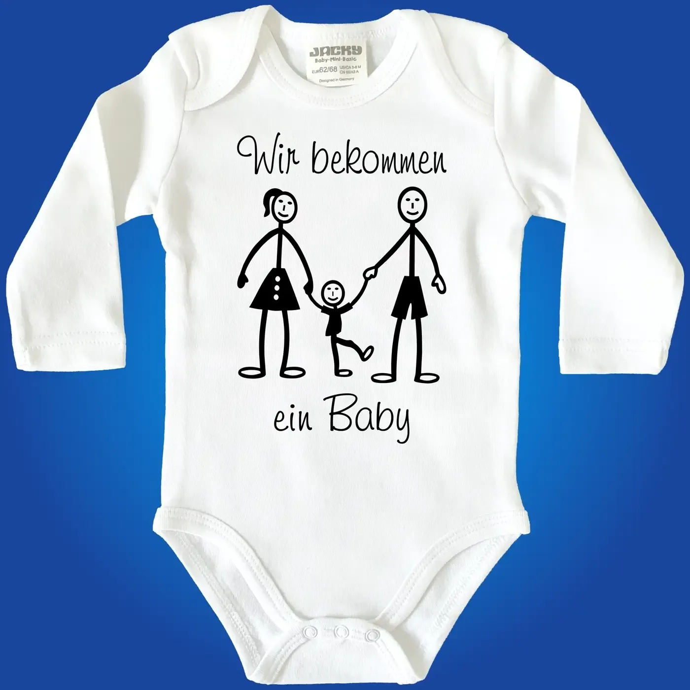 Baby‑Body mit Spruch „Wir bekommen ein Baby“ und Strichmännchen