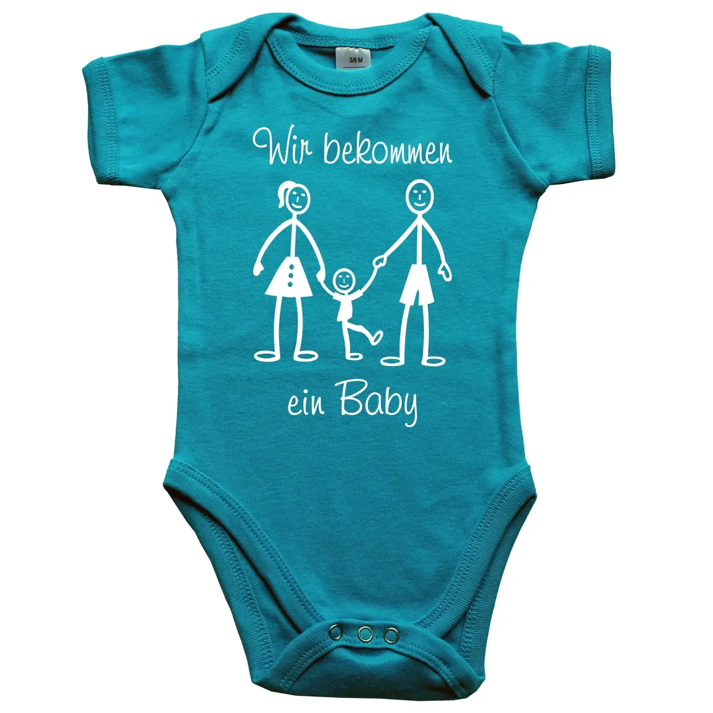 Babybody mit Strichmännchen‑Familie und personalisierten Namen