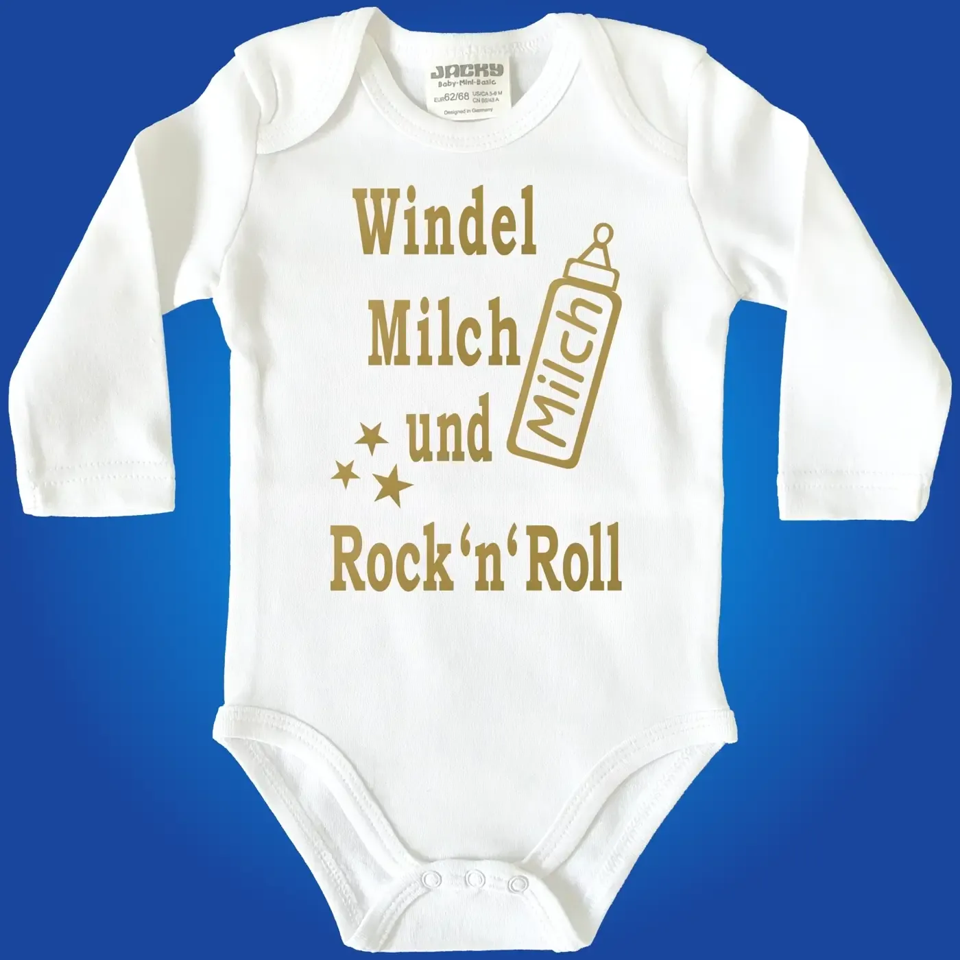 Baby‑Body mit Spruch „Windel, Milch und Rock’n’Roll“