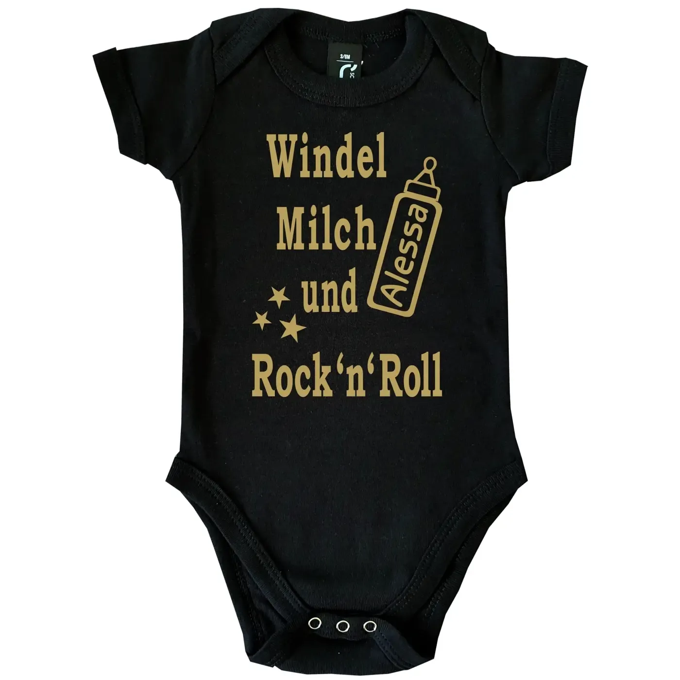Babybody mit Musik‑Spruch und Flaschen Grafik