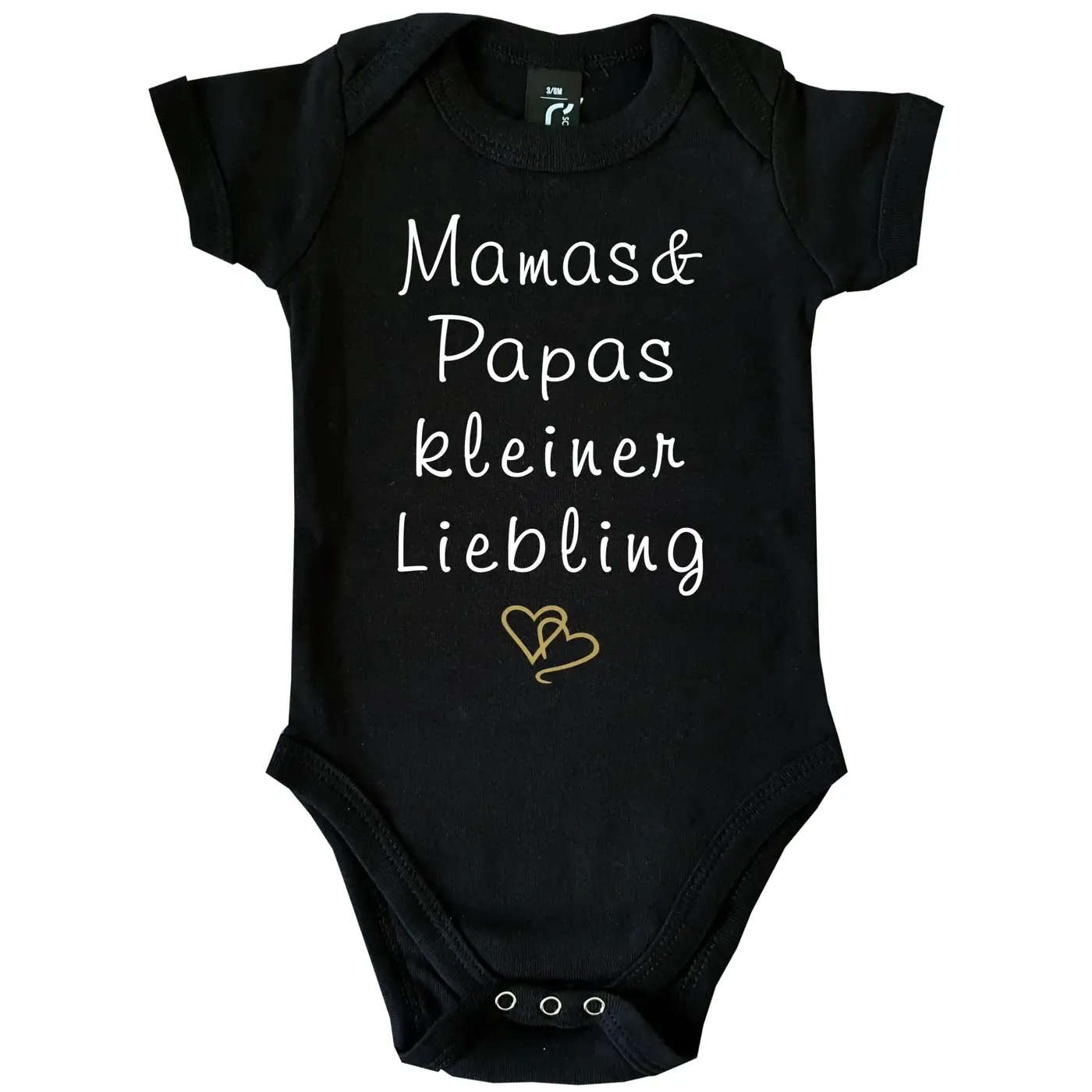 Baby‑Body mit Spruch „Mamas kleiner Liebling“ und zwei Herzen