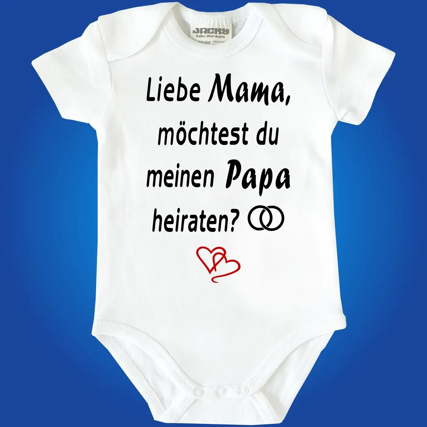 Baby‑Body mit Spruch „Mama, willst du uns heiraten“ und Ringen