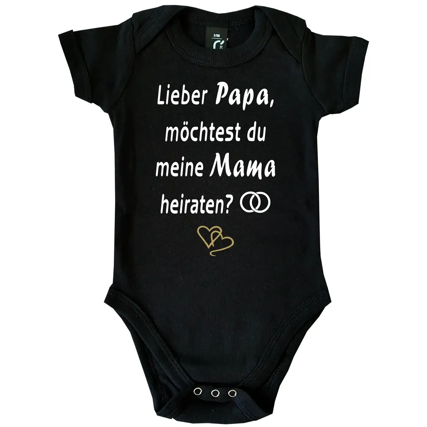 Baby‑Body mit Spruch „Mama, willst du uns heiraten“ und Ringen