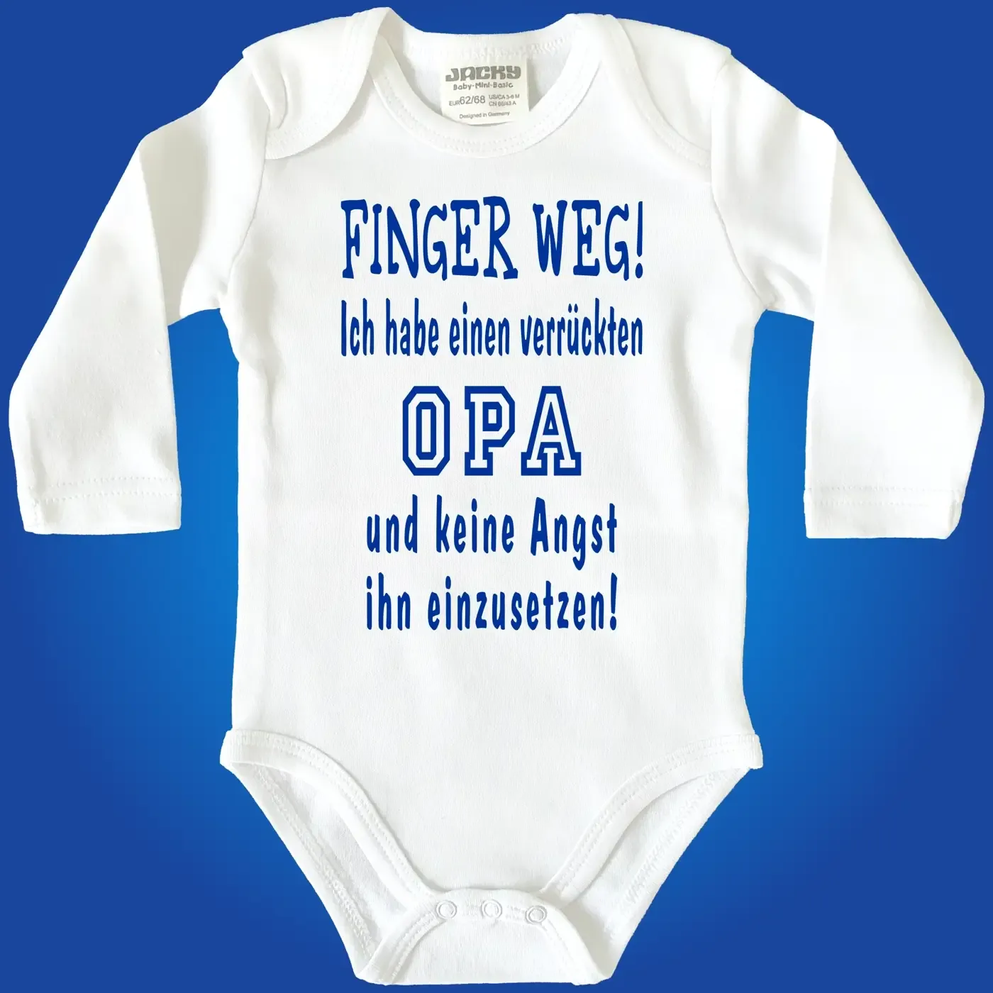 Baby‑Body mit Spruch „Finger weg, ich habe einen verrückten Opa“