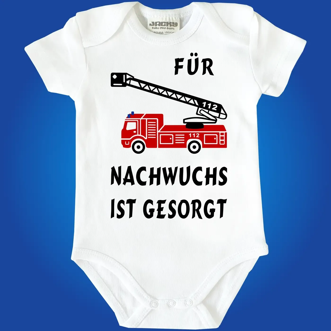 Baby‑Body mit Feuerwehrauto und Spruch „Für Nachwuchs ist gesorgt“