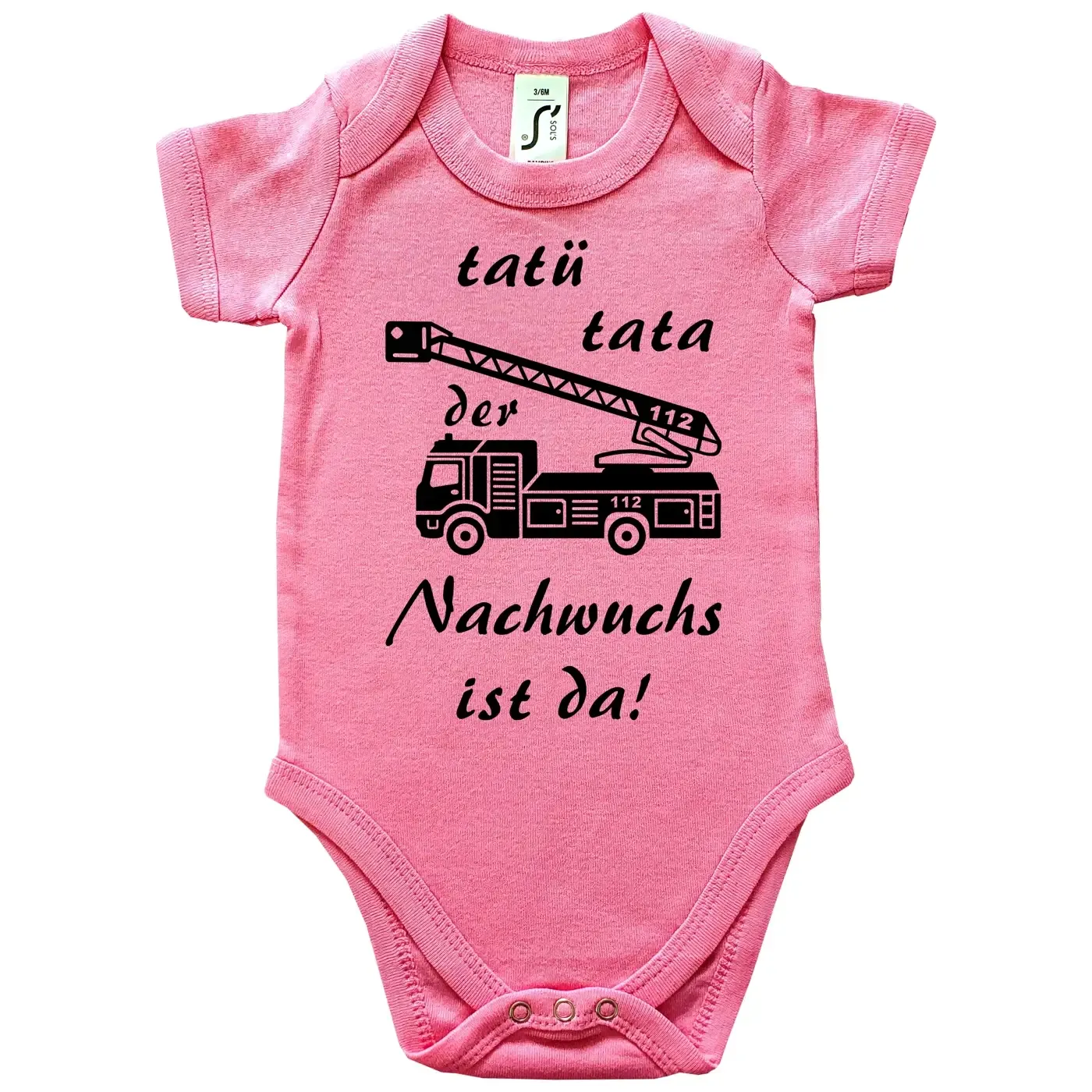 Baby‑Body mit rotem Feuerwehrauto und wählbarem Text