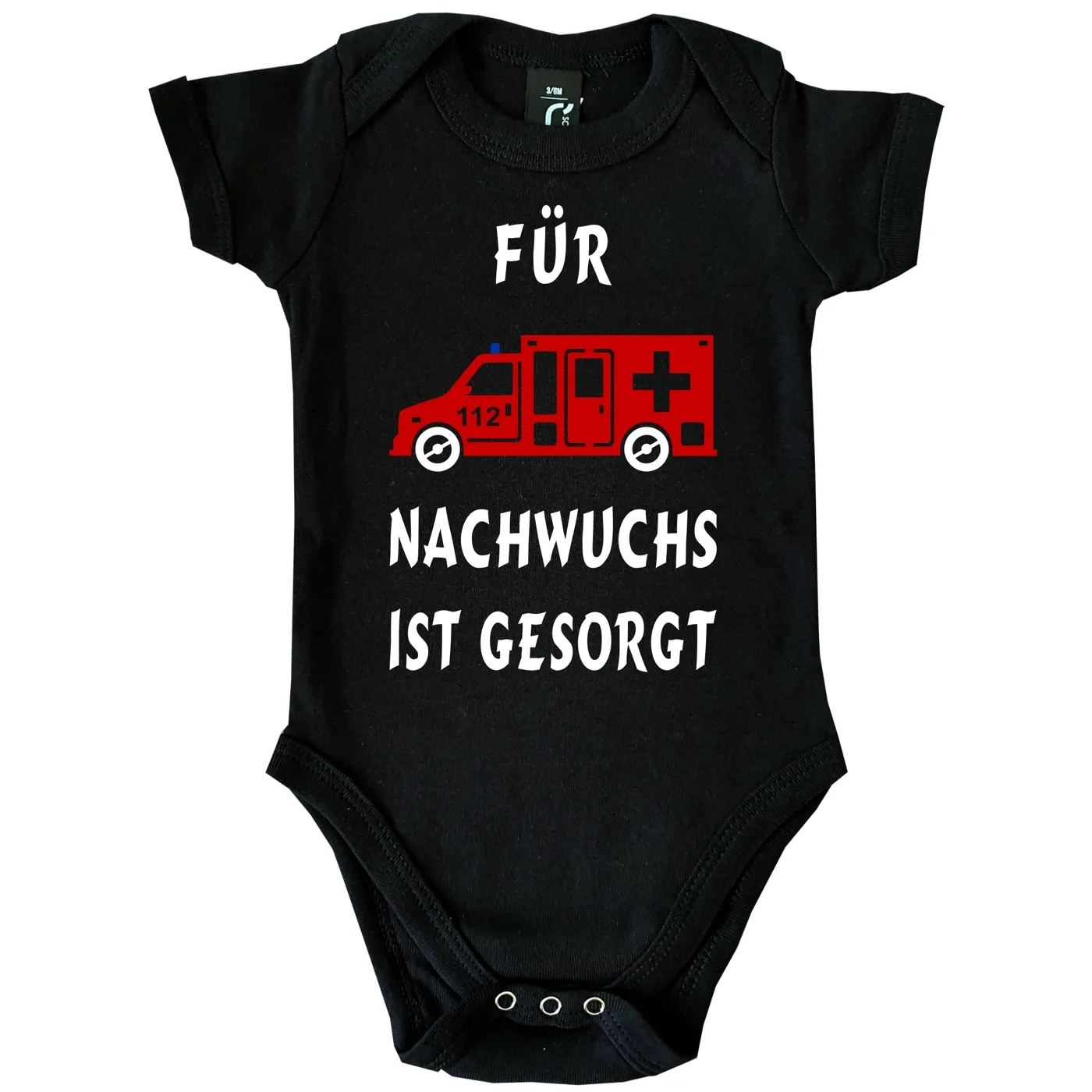 Baby‑Body mit Rettungswagen und Spruch „Für Nachwuchs ist gesorgt“