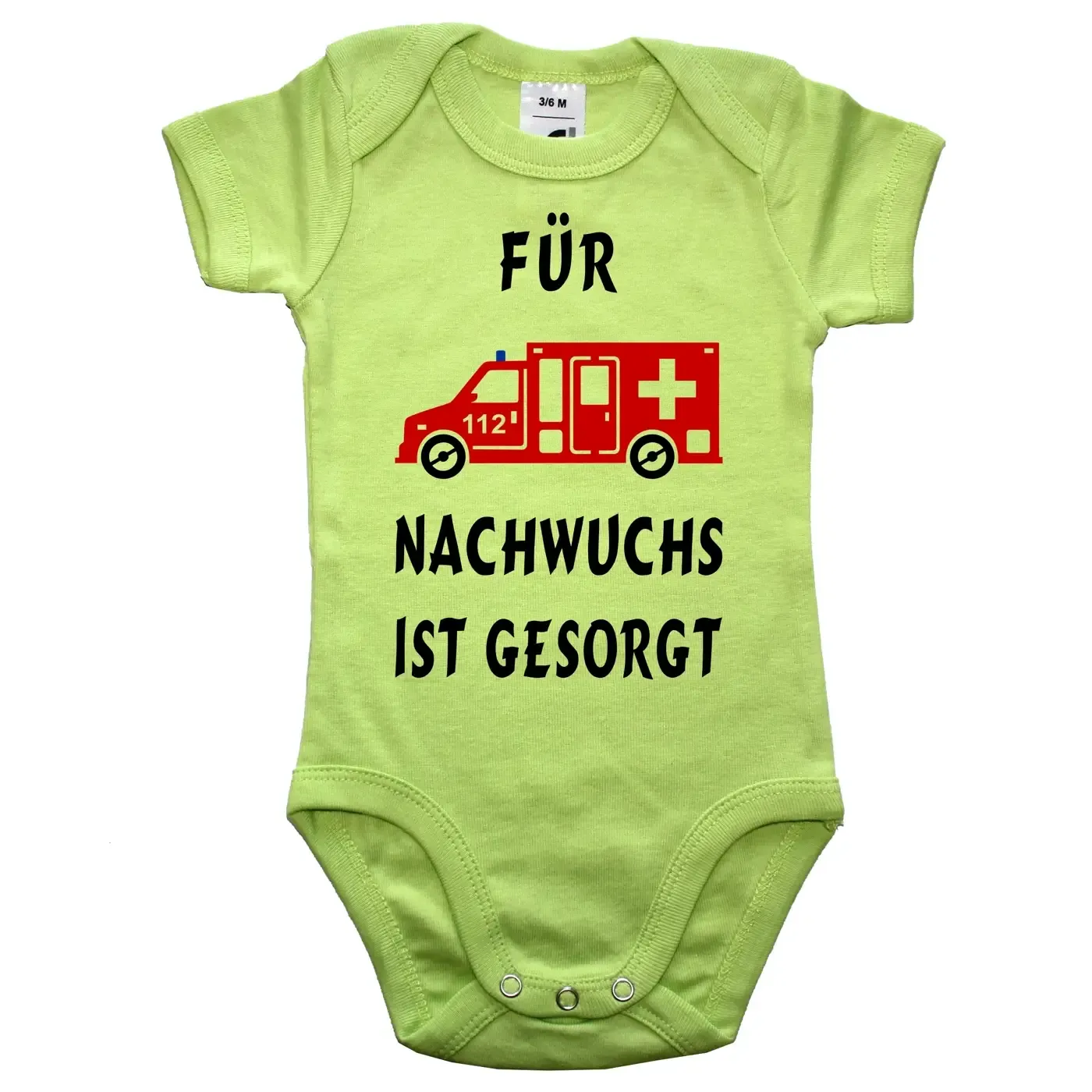 Baby‑Body mit Rettungswagen und Spruch „Für Nachwuchs ist gesorgt“