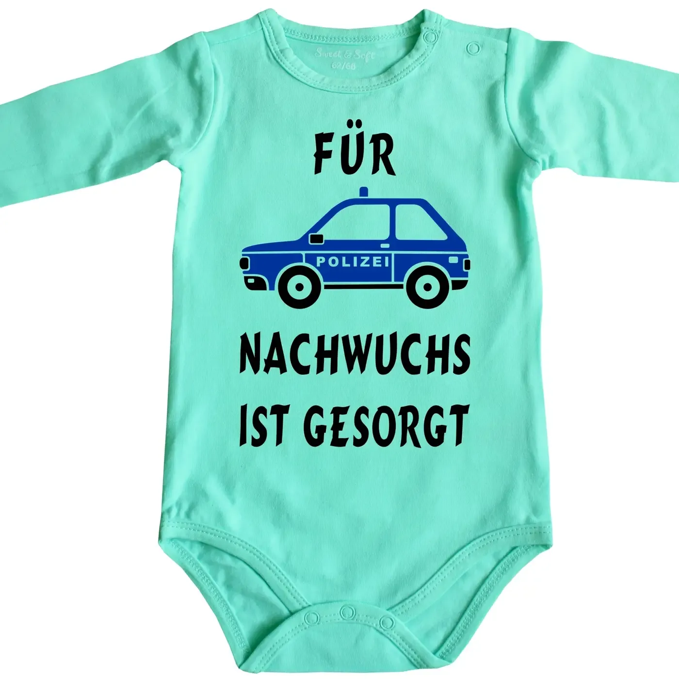 Baby‑Body mit Polizeiauto und Spruch „Für Nachwuchs ist gesorgt“