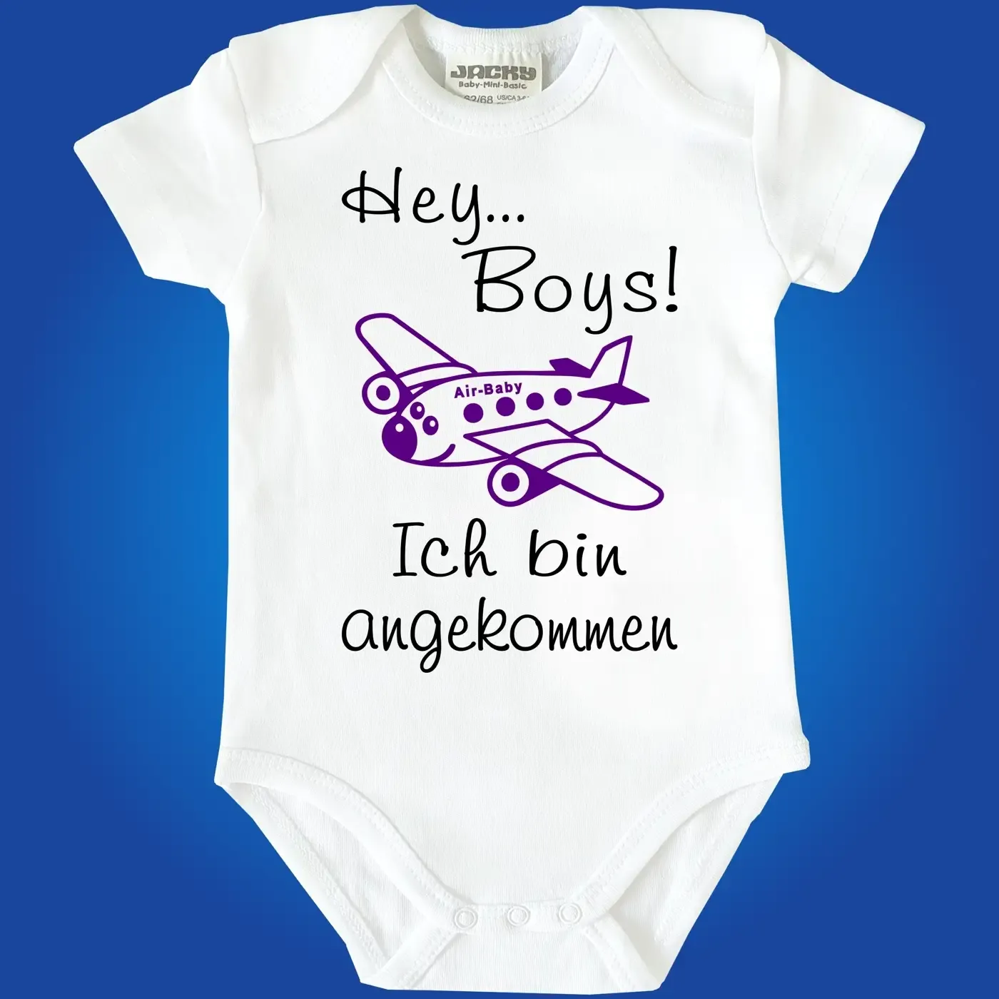 Babybody „Ich bin angekommen“ mit Flugzeug Grafik