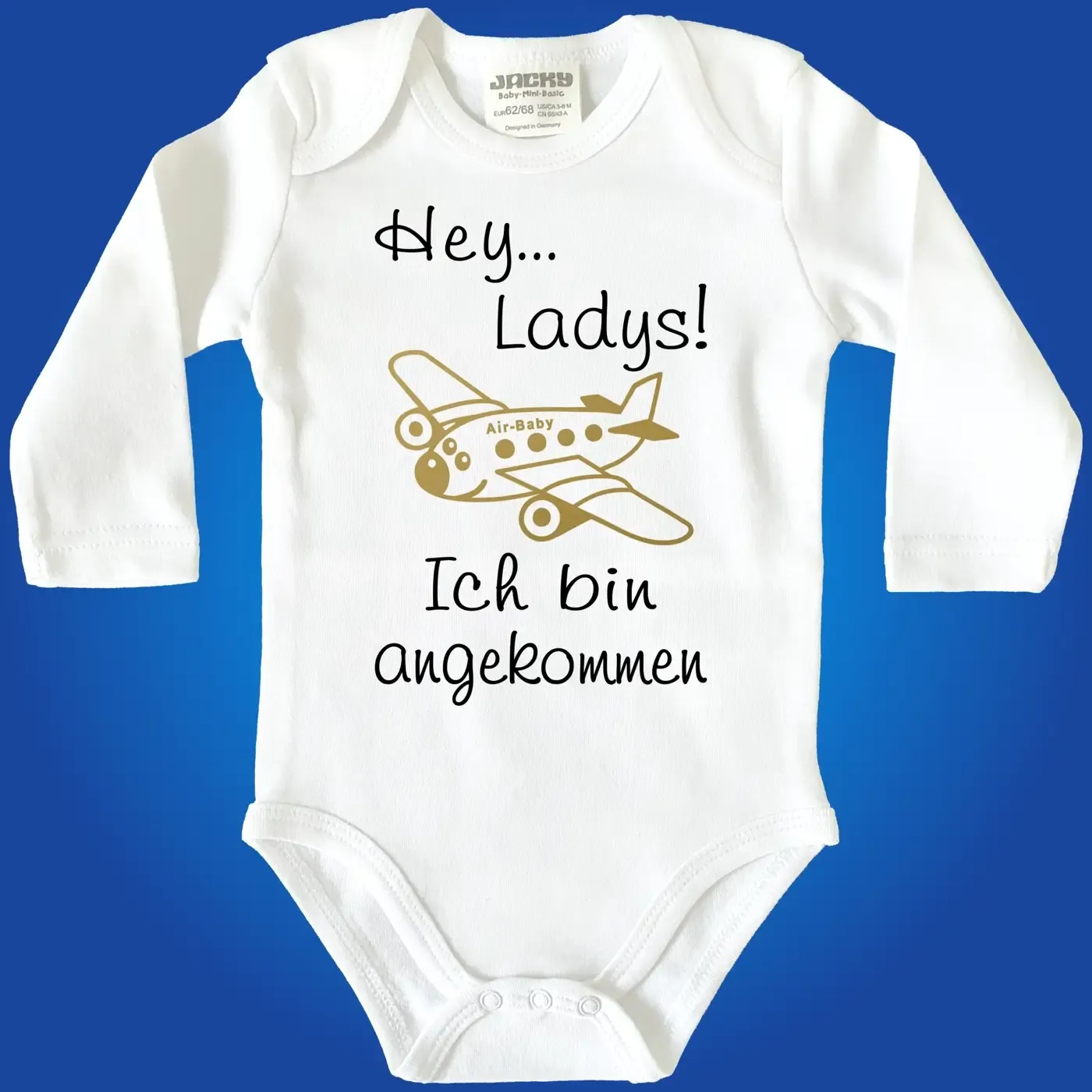 Babybody mit Flugzeug Grafik und Fun‑Text