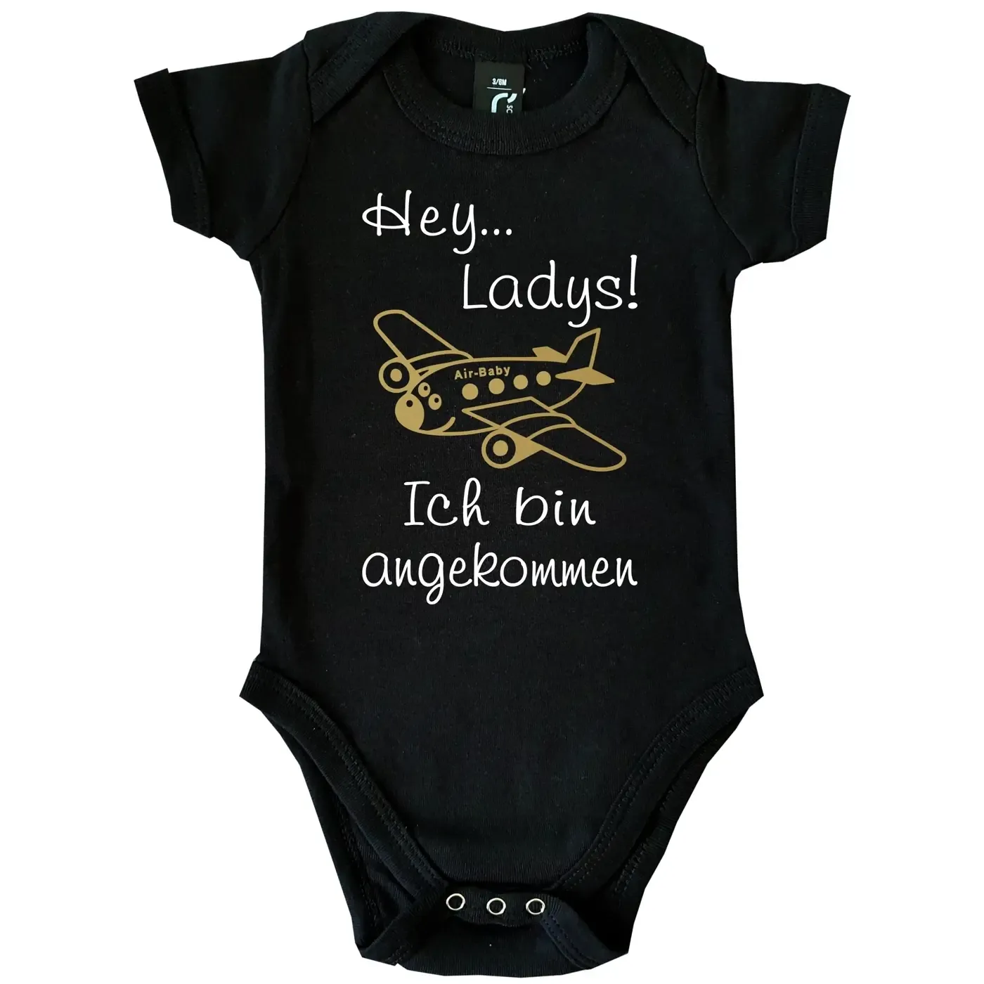 Baby‑Body „Hey Ladys“ mit Flugzeug Illustration