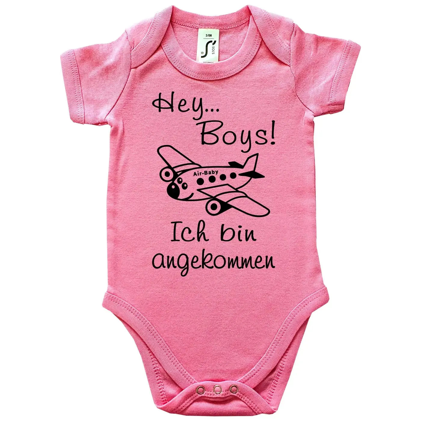 Baby‑Body mit Spruch „Hey Boys! Ich bin angekommen!“