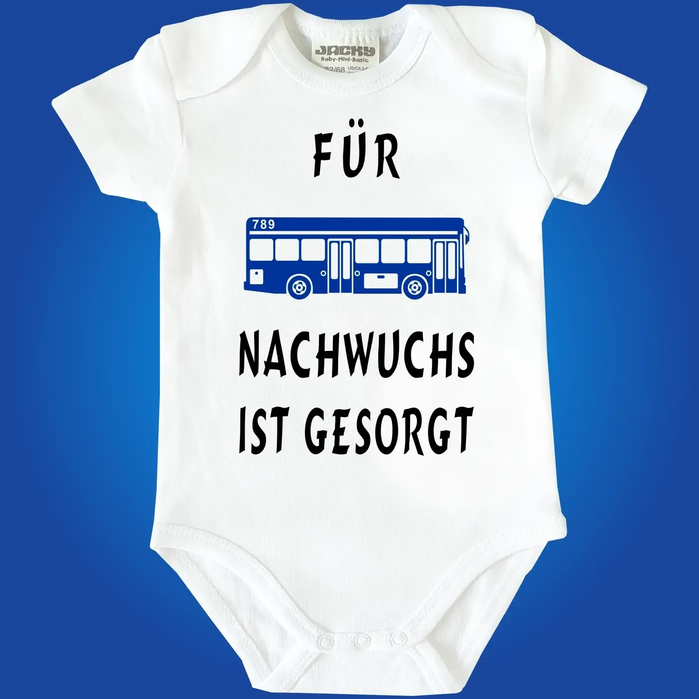 Babybody „Für Nachwuchs ist gesorgt“ mit Bus‑Grafik