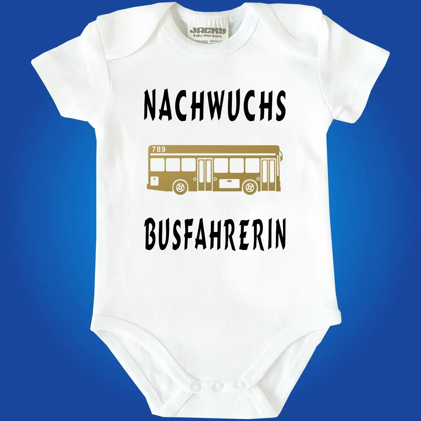 Baby‑Body mit farbigem Bus und lustigem Spruch