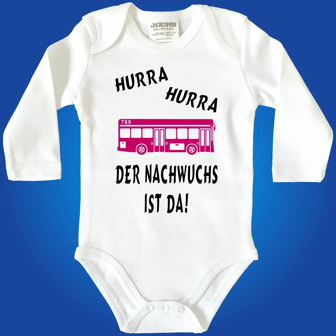 Baby‑Body mit wählbarer Busfarbe und Spruch