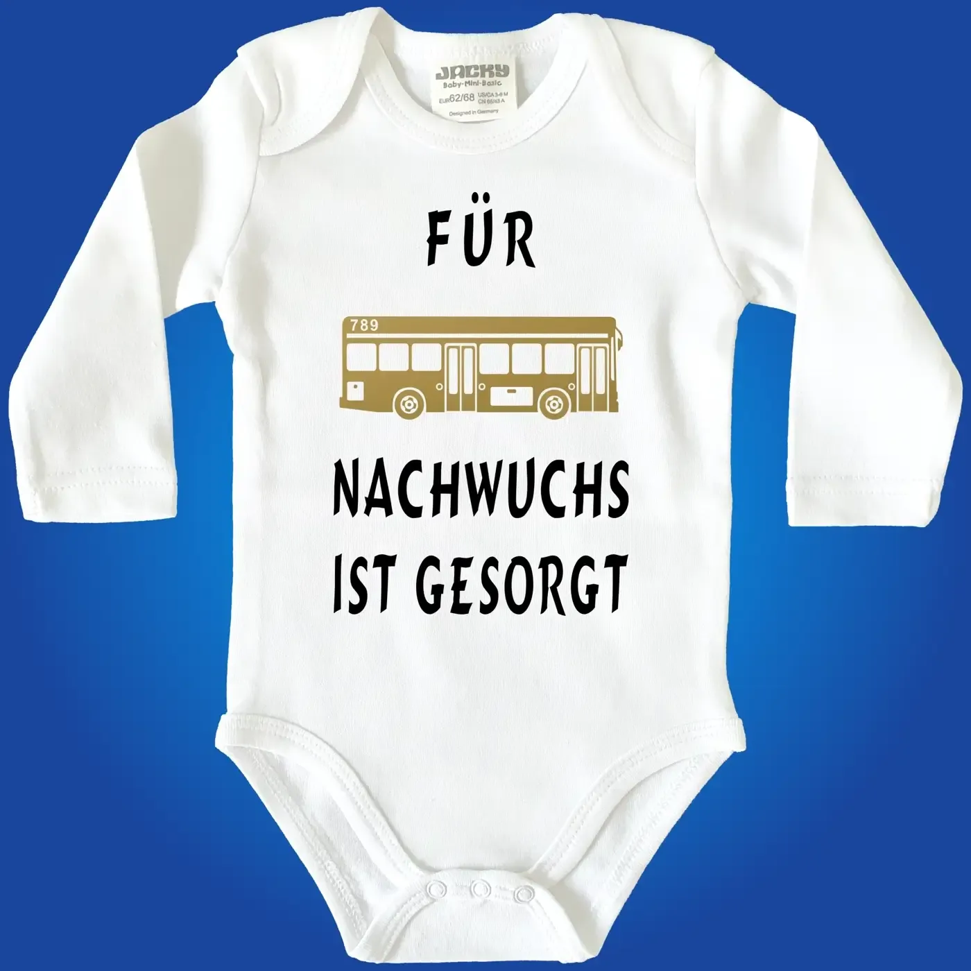 Baby‑Body „Hurra der Nachwuchs ist da“ mit Busmotiv