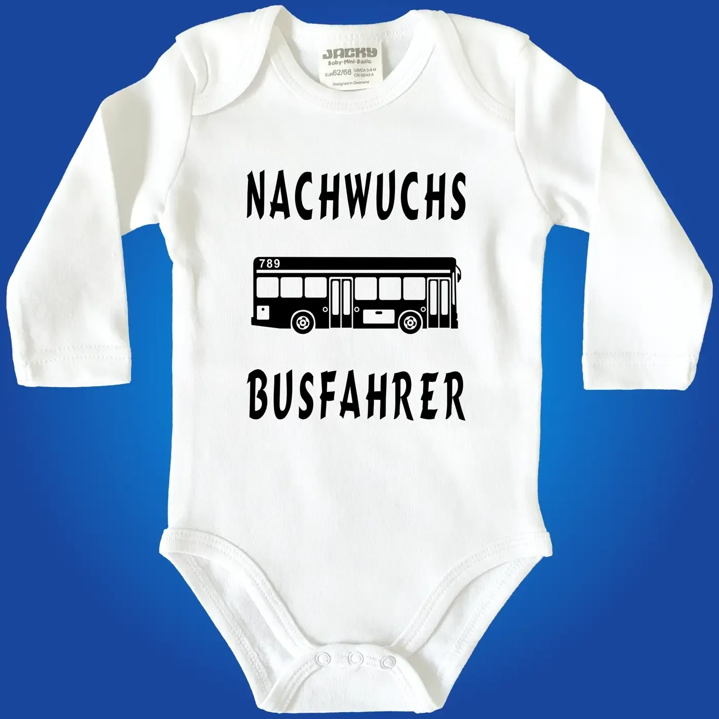 Babybody „Für Nachwuchs ist gesorgt“ mit Bus‑Grafik