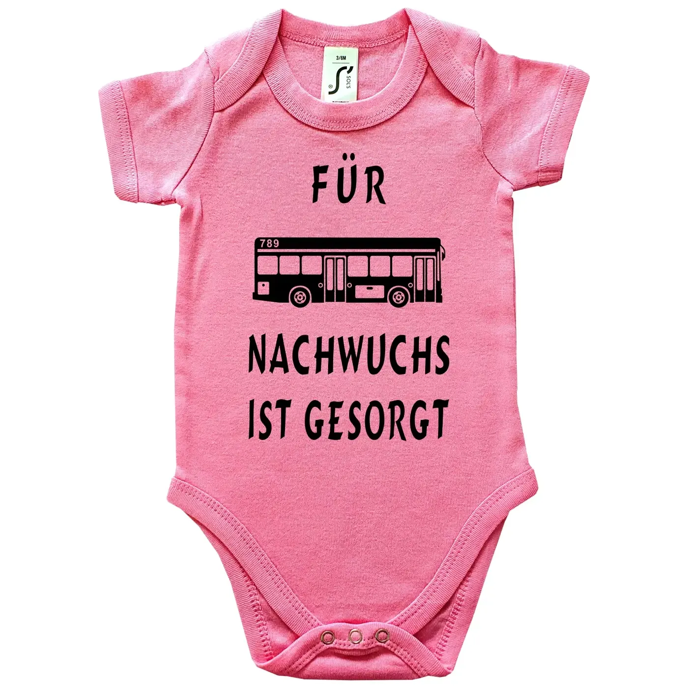 Babybody „Für Nachwuchs ist gesorgt“ mit Bus Illustration