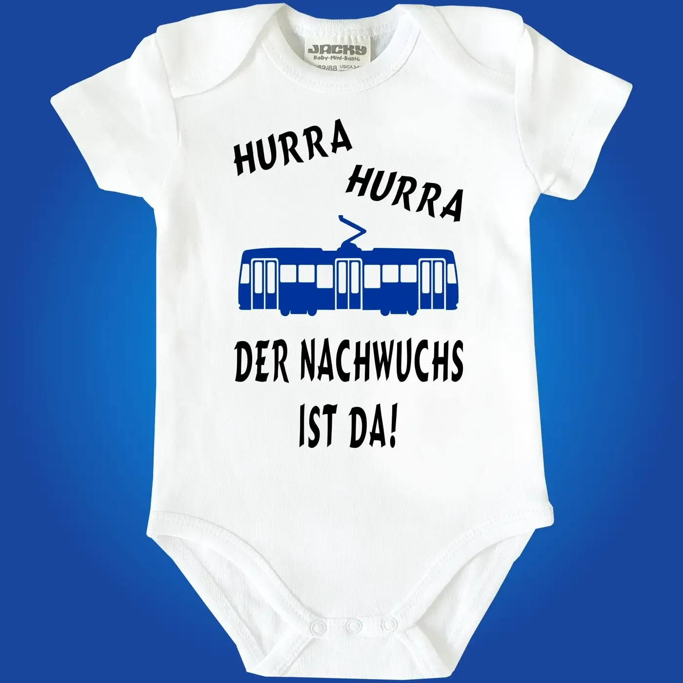 Babybody „Für Nachwuchs ist gesorgt“ mit Tram‑Grafik