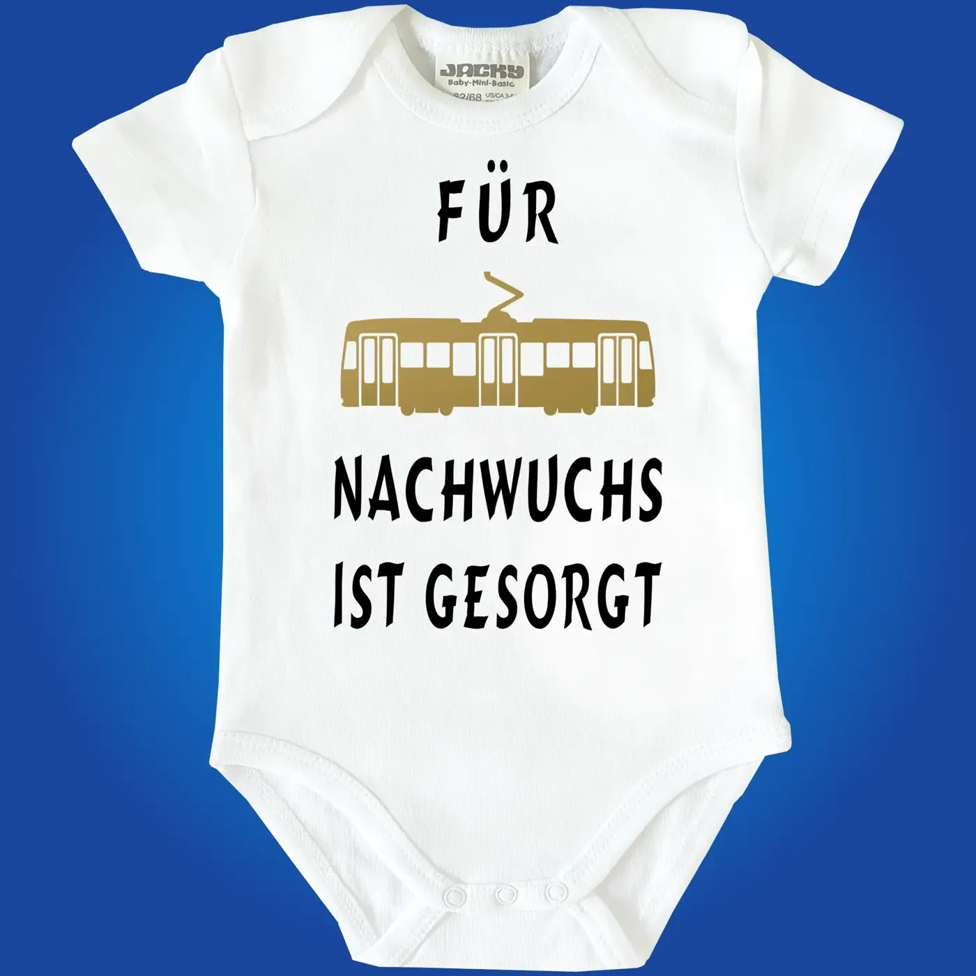 Baby‑Body „Hurra der Nachwuchs ist da“ mit Straßenbahn Motiv