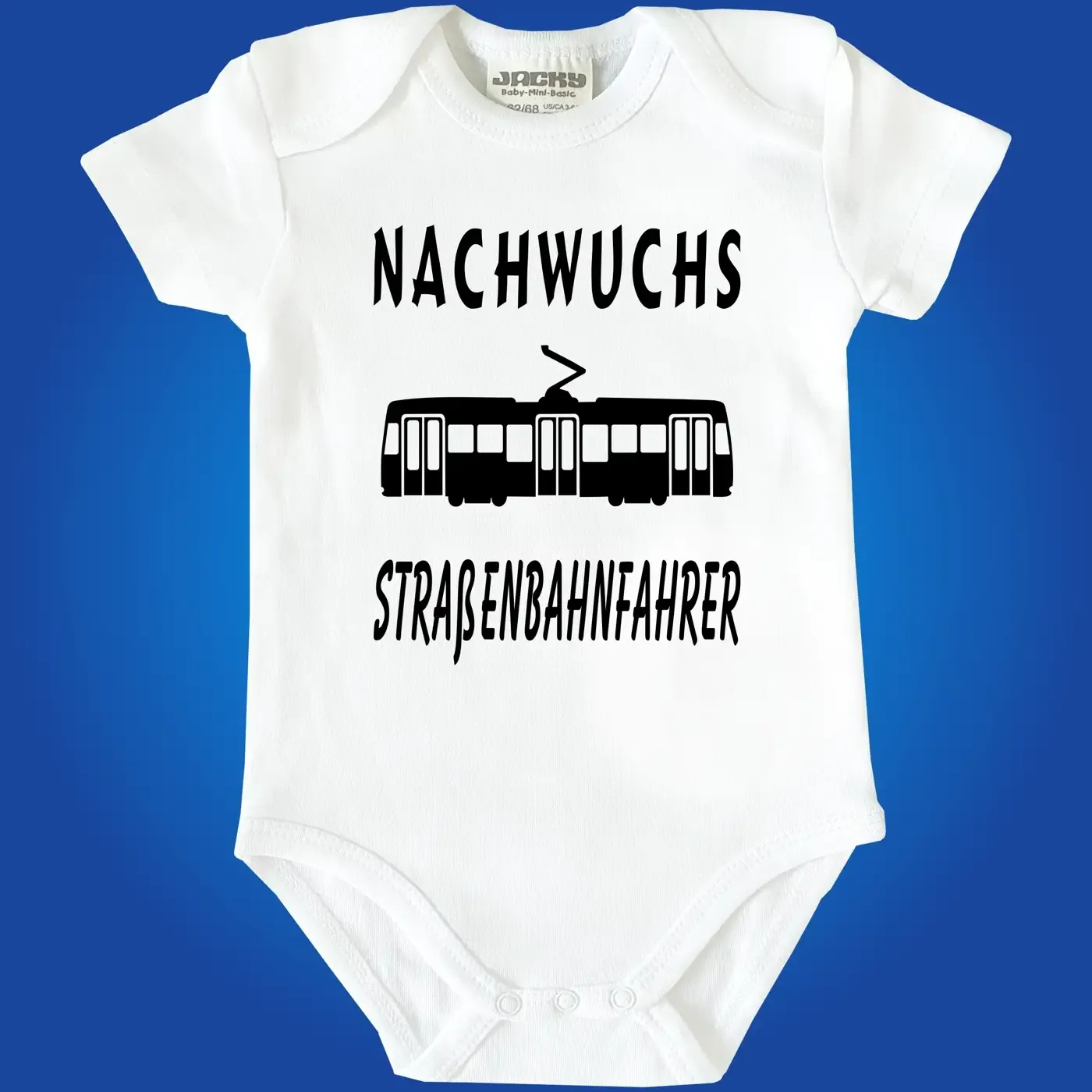 Babybody „Für Nachwuchs ist gesorgt“ mit Tram Illustration