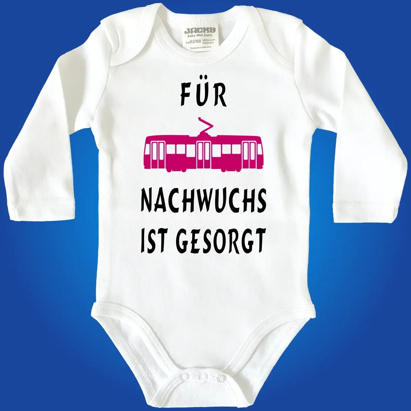 Babybody mit Straßenbahn Illustration und Nachwuchs Spruch