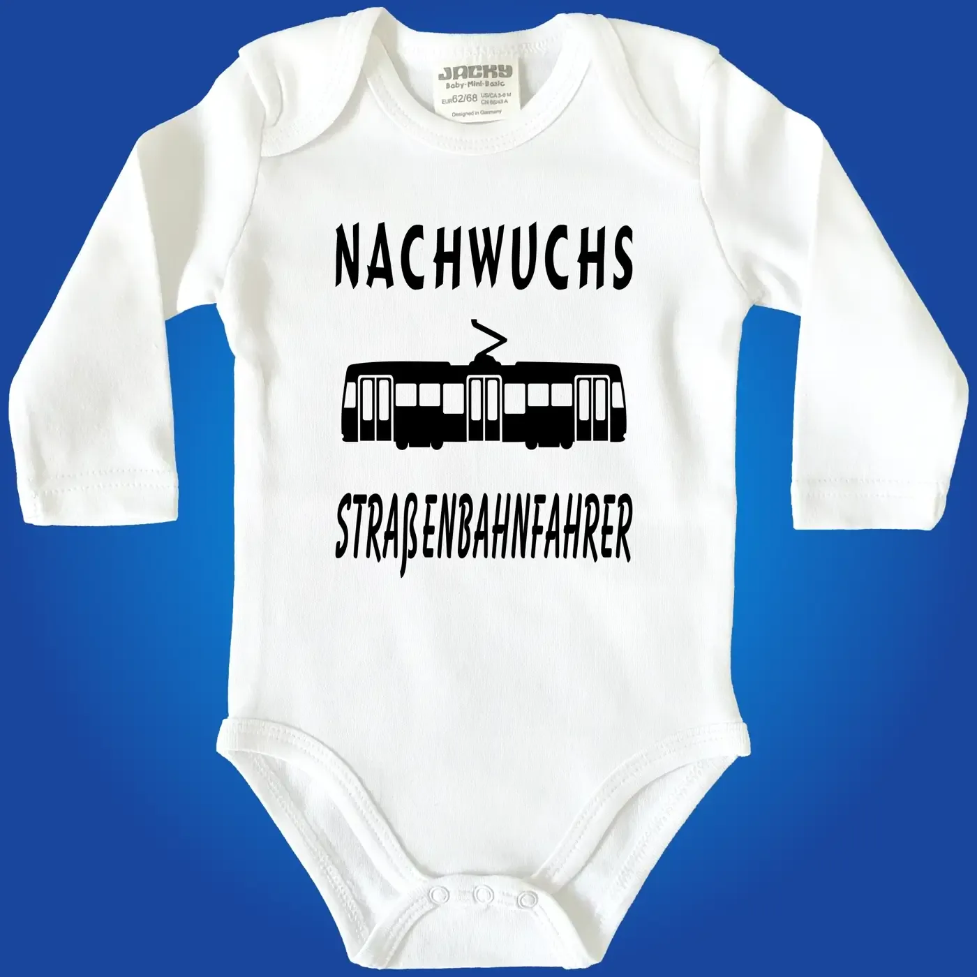Babybody „Für Nachwuchs ist gesorgt“ mit Tram Illustration