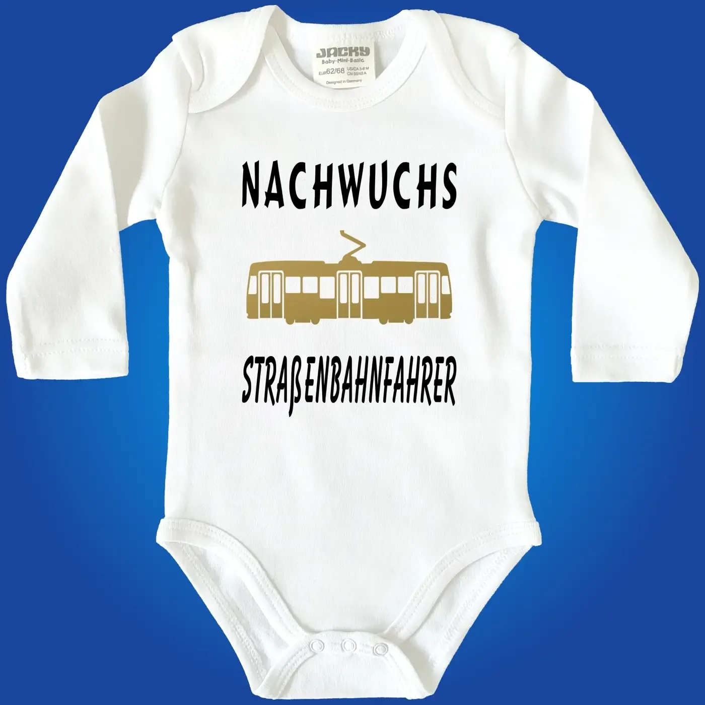 Baby‑Body mit witzigem Tram‑Motiv und Text