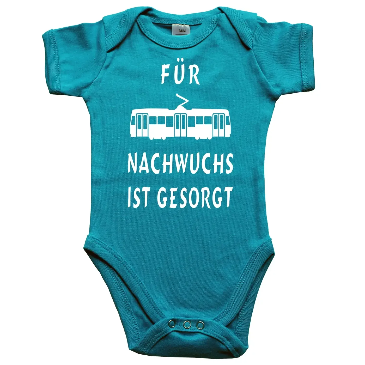 Babybody „Für Nachwuchs ist gesorgt“ mit Tram Illustration