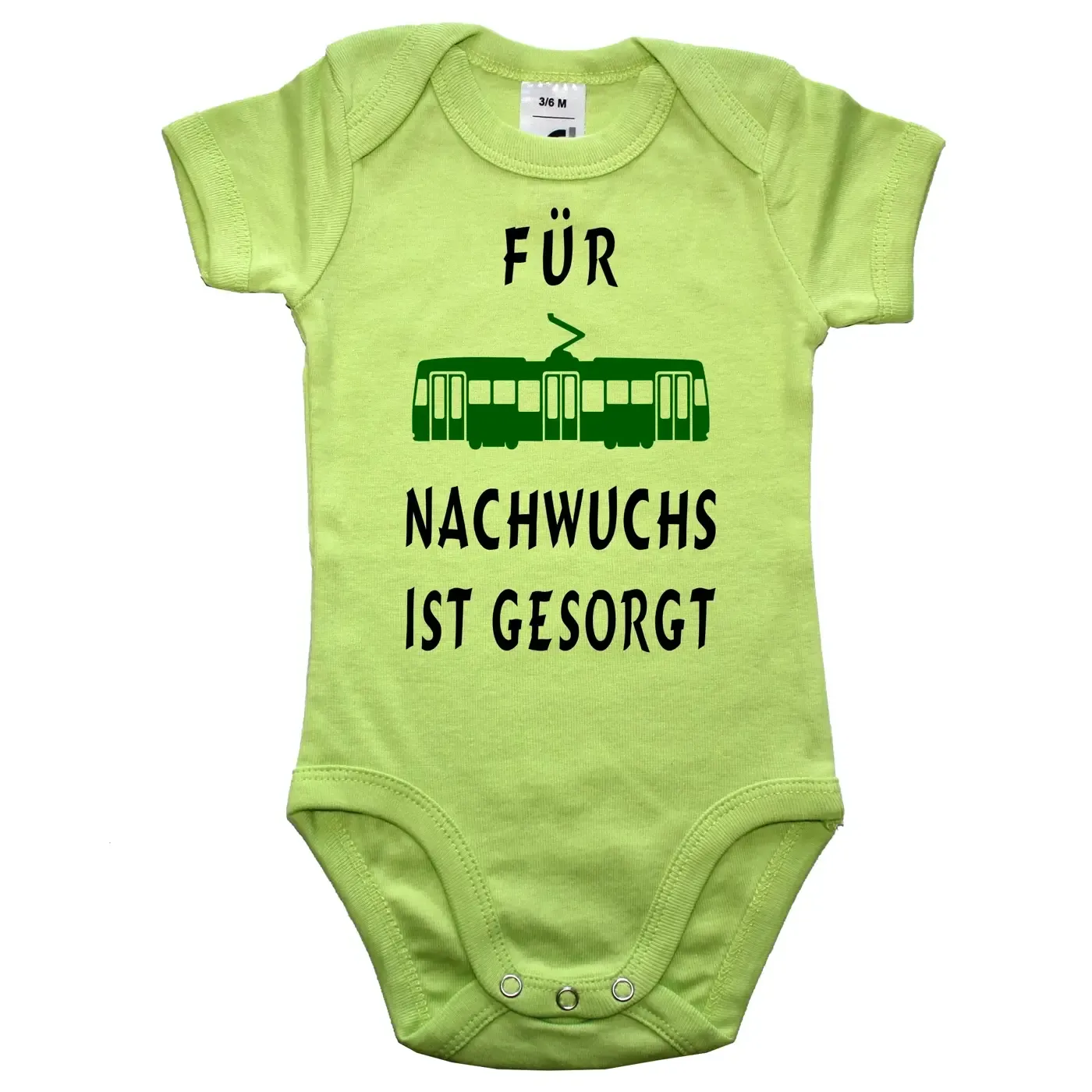 Babybody „Für Nachwuchs ist gesorgt“ mit Tram‑Grafik