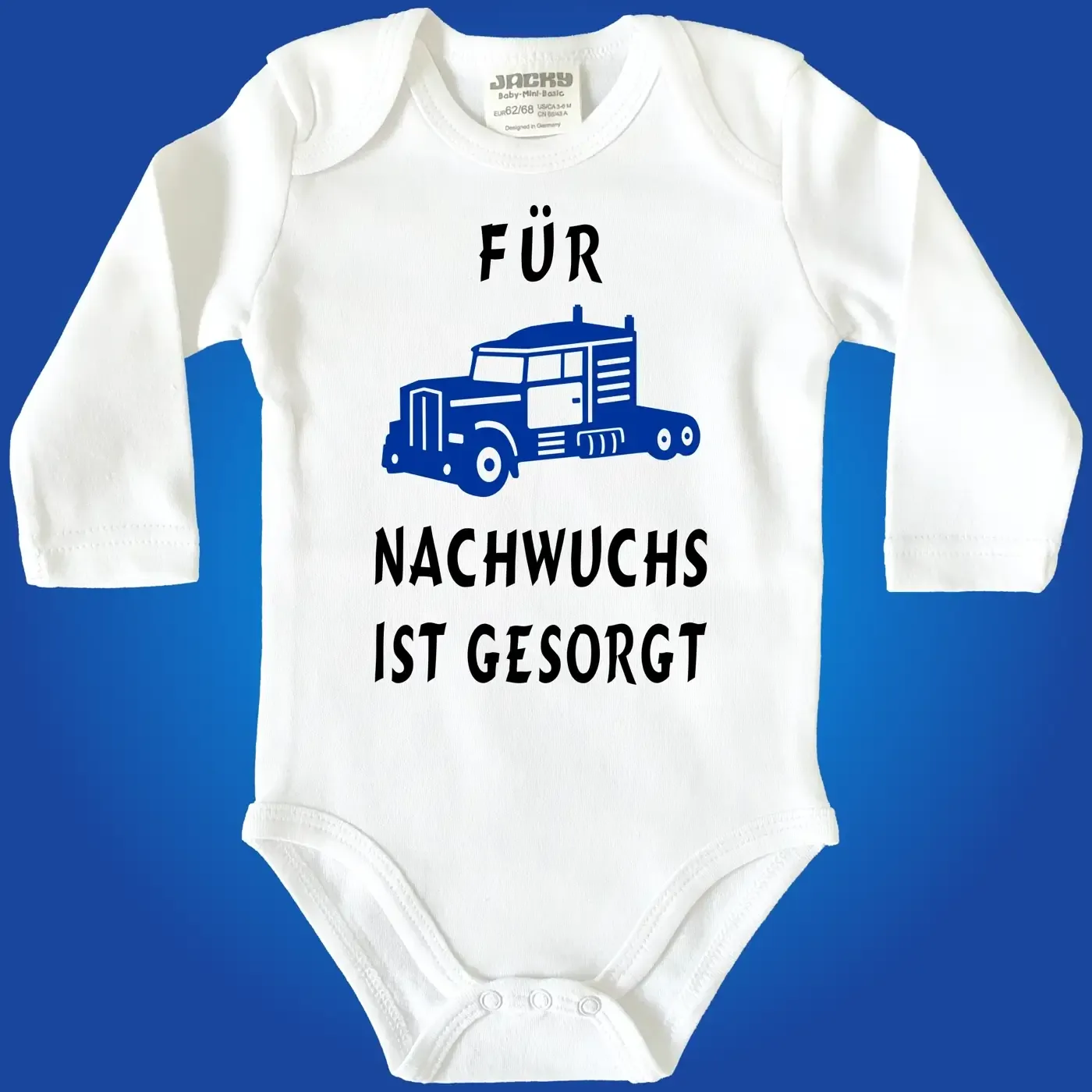 Baby‑Body mit Spruch „Hurra hurra der Nachwuchs ist da“ und LKW