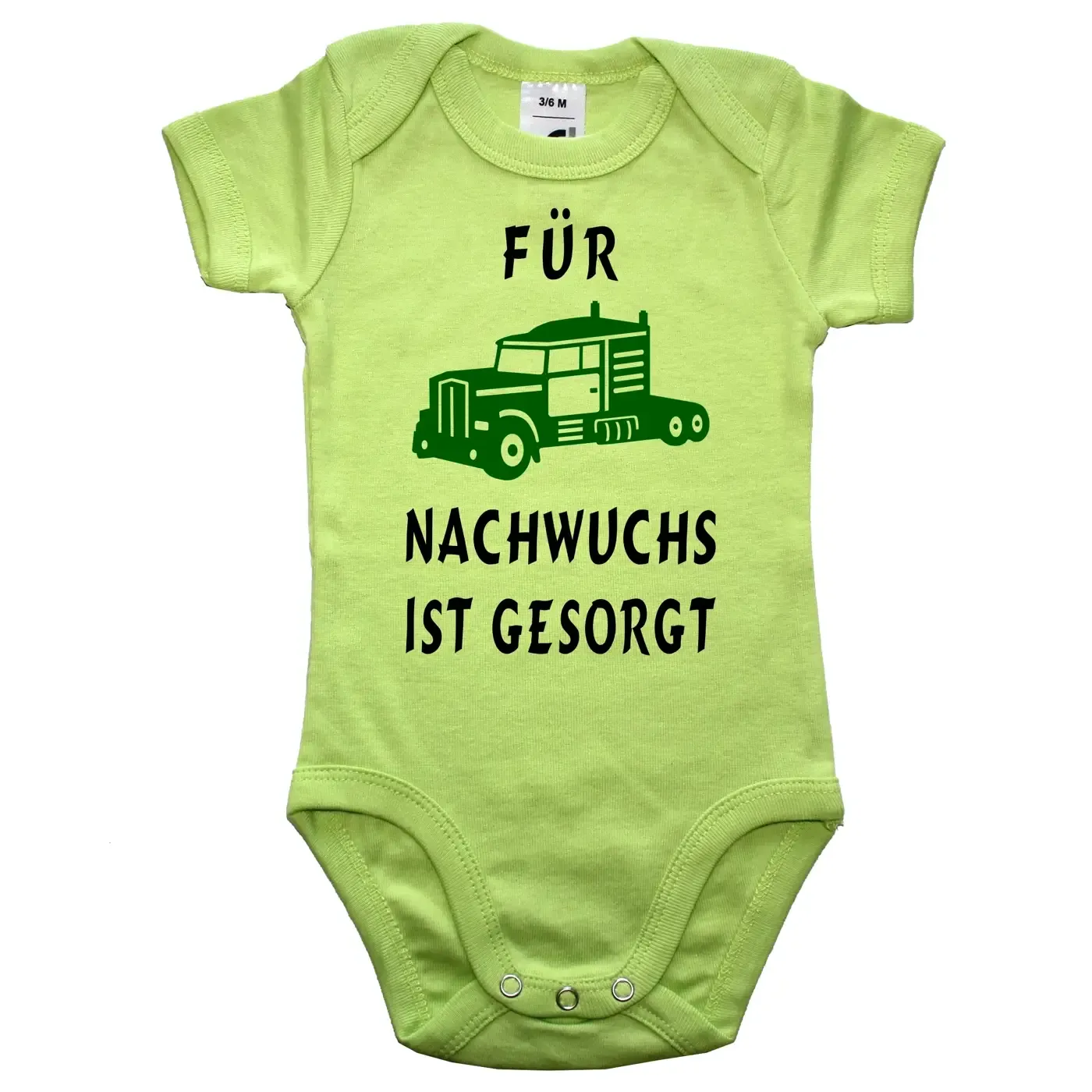 Babybody mit Truck‑Illustration und Nachwuchs Spruch