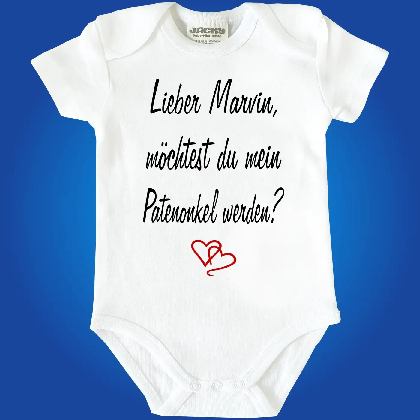 Babybody mit Frage an die Patentante