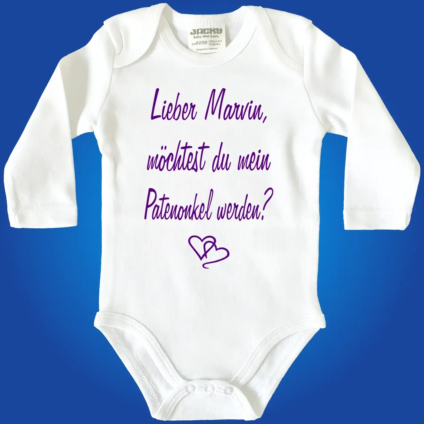 Baby‑Body mit Spruch „Wollt ihr meine Taufpaten werden?“