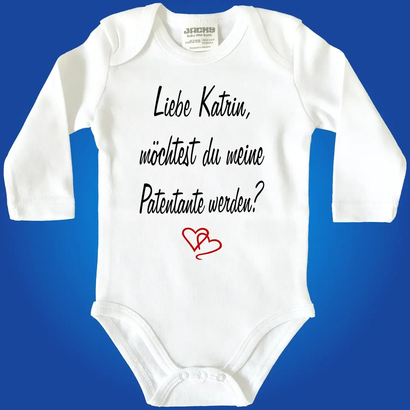 Babybody mit Frage an den Patenonkel