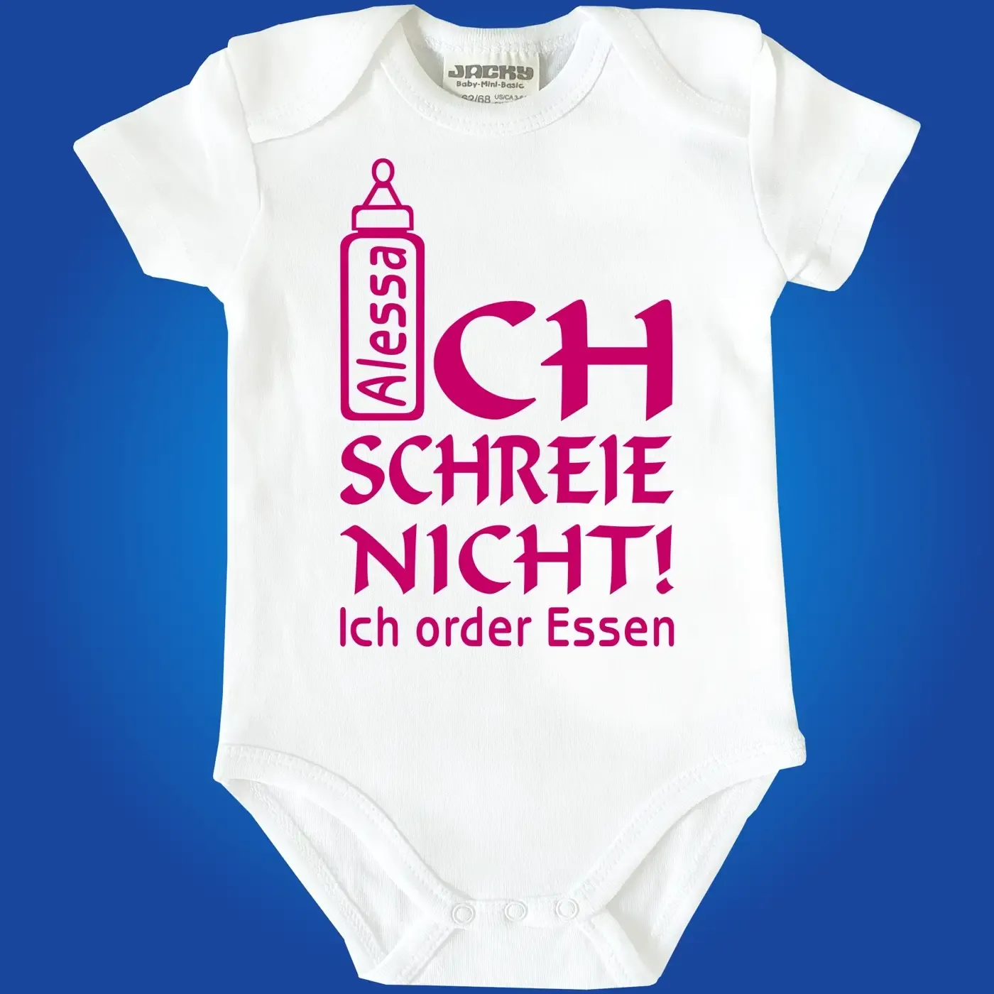 Babybody mit witzigem Text und Flaschen‑Grafik