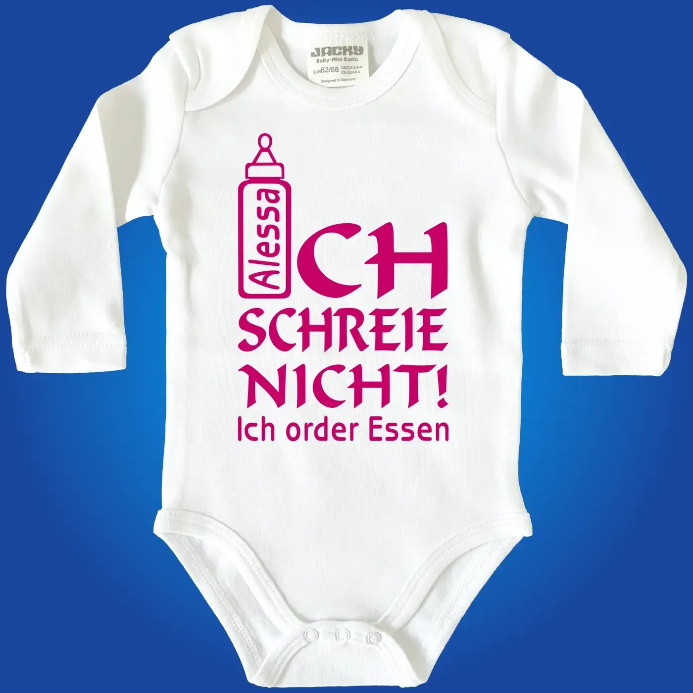 Babybody mit humorvollem Text und Flaschen Grafik
