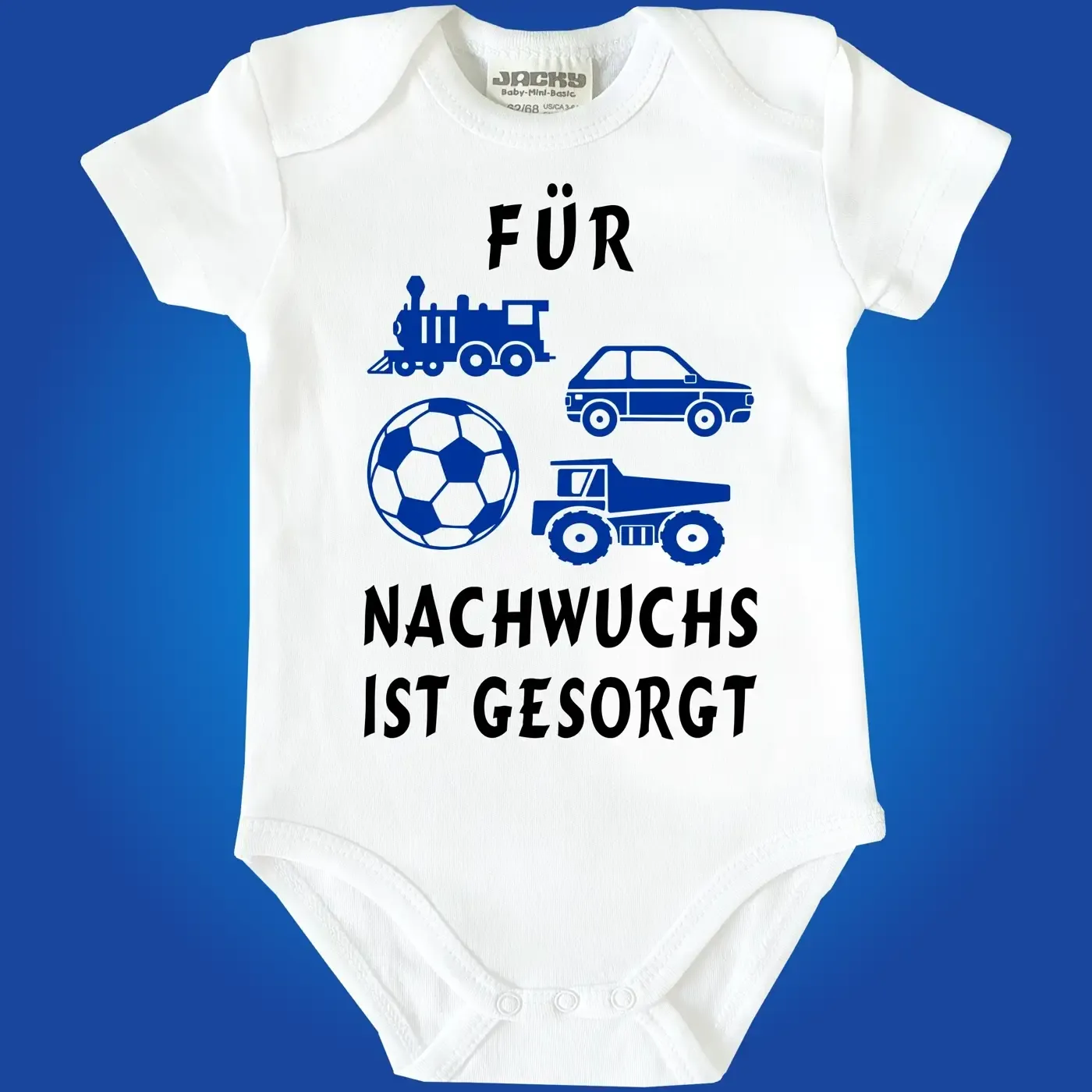 Baby-Body mit Spruch „Für Nachwuchs ist gesorgt“ und vier Spielzeugen