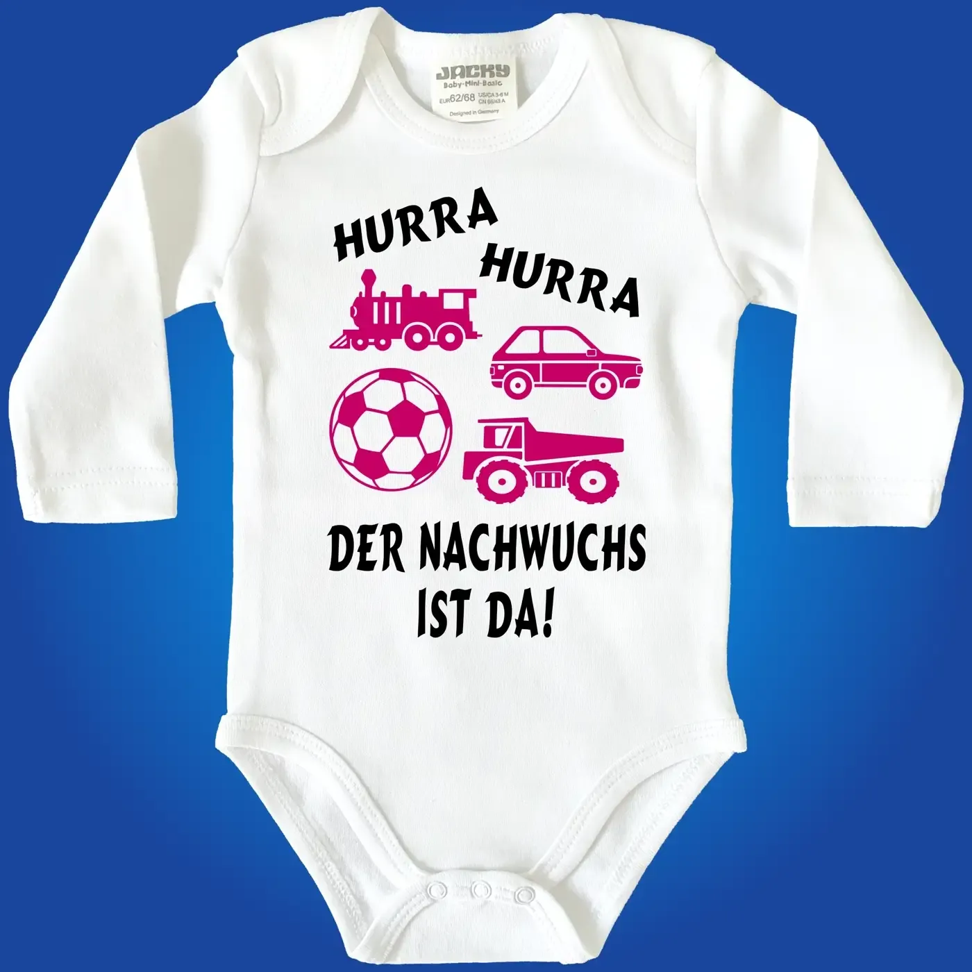 Baby-Body mit Kindergarten‑Motiv und vier kleinen Spielzeugen