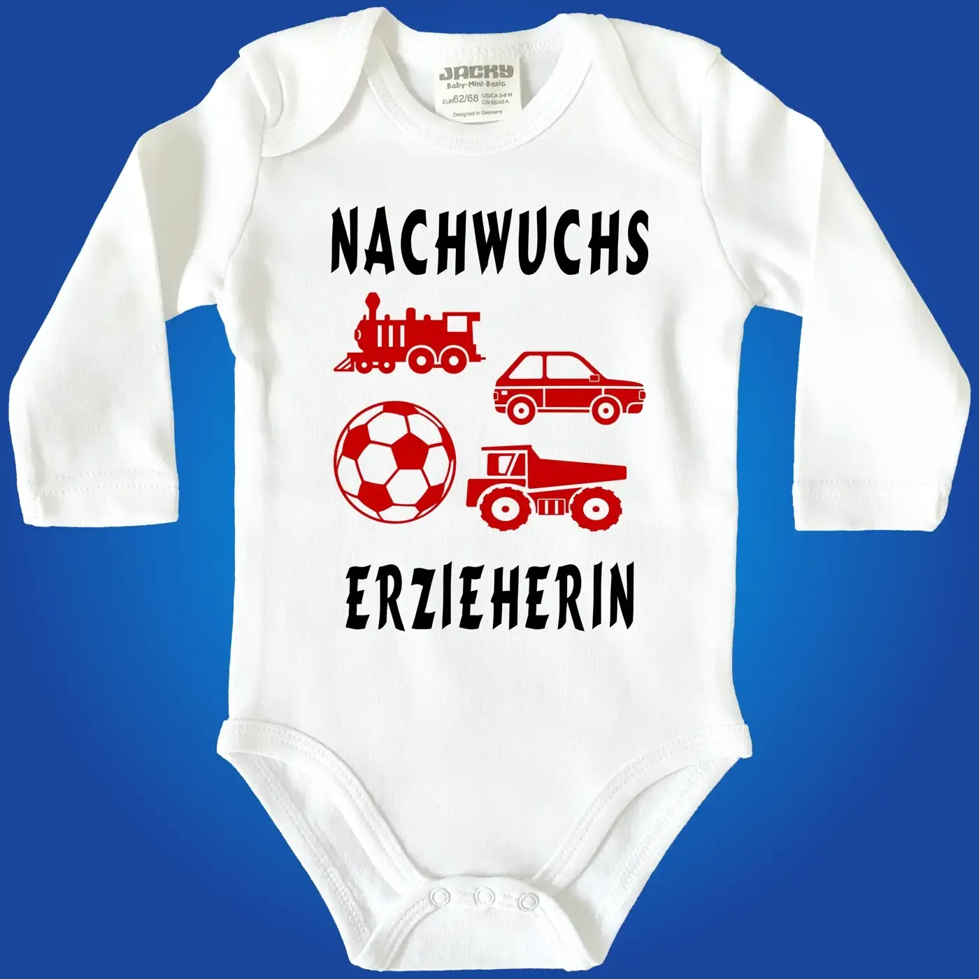 Baby-Body mit Lokomotive und Auto für Erzieherin oder Erzieher
