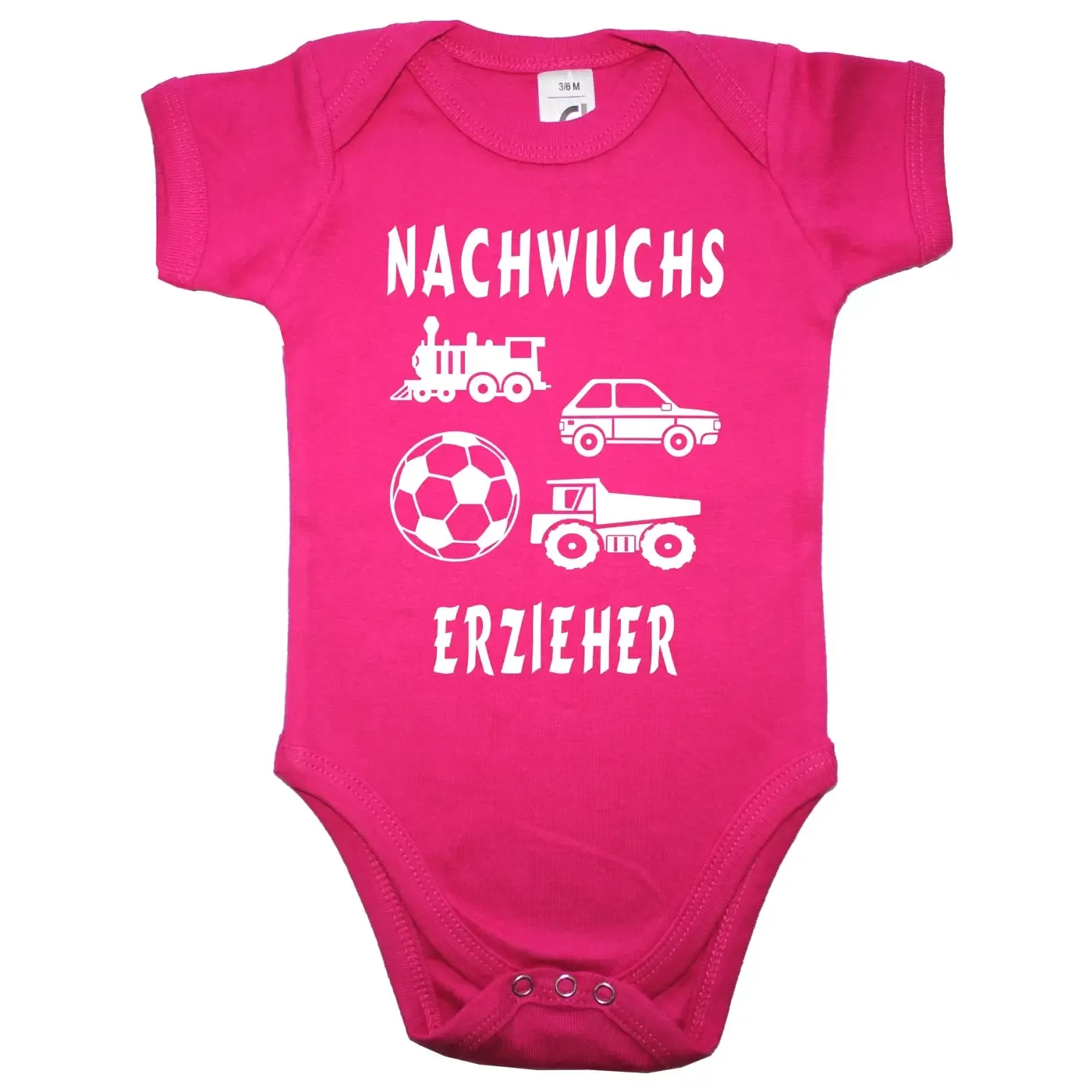 Baby-Body mit witzigem Kita‑Spruch und Spielzeugillustrationen