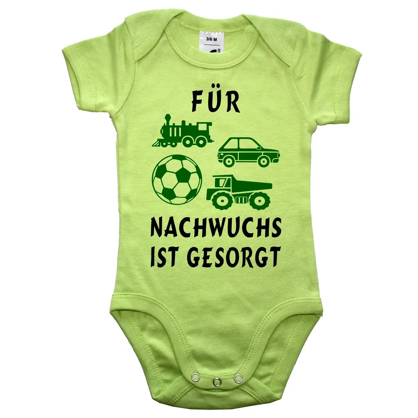 Baby-Body mit vier Spielzeugen und Spruch für Kita‑Mitarbeiter