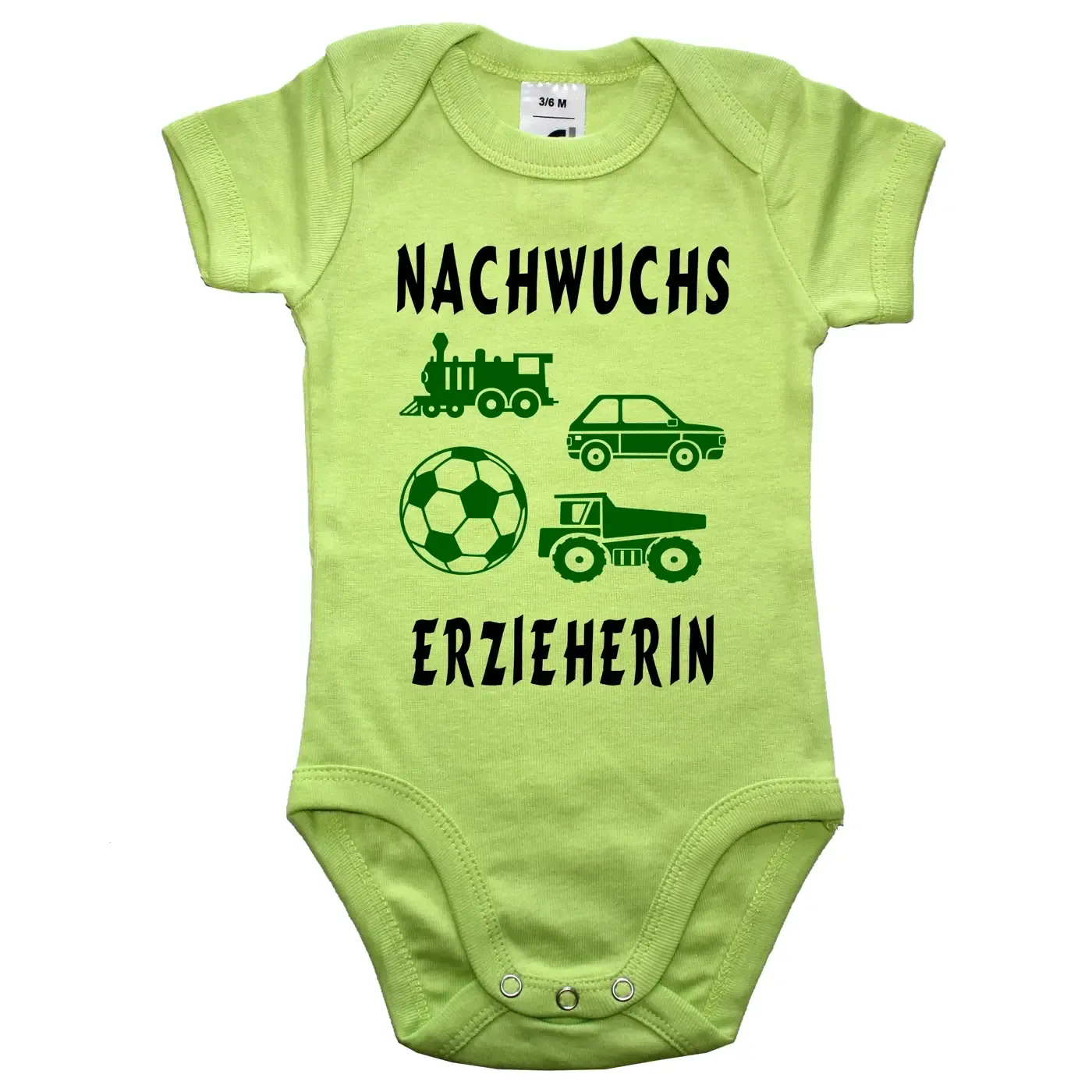 Baby-Body für Kita‑Team mit Lokomotive, Auto, Ball und Kipper