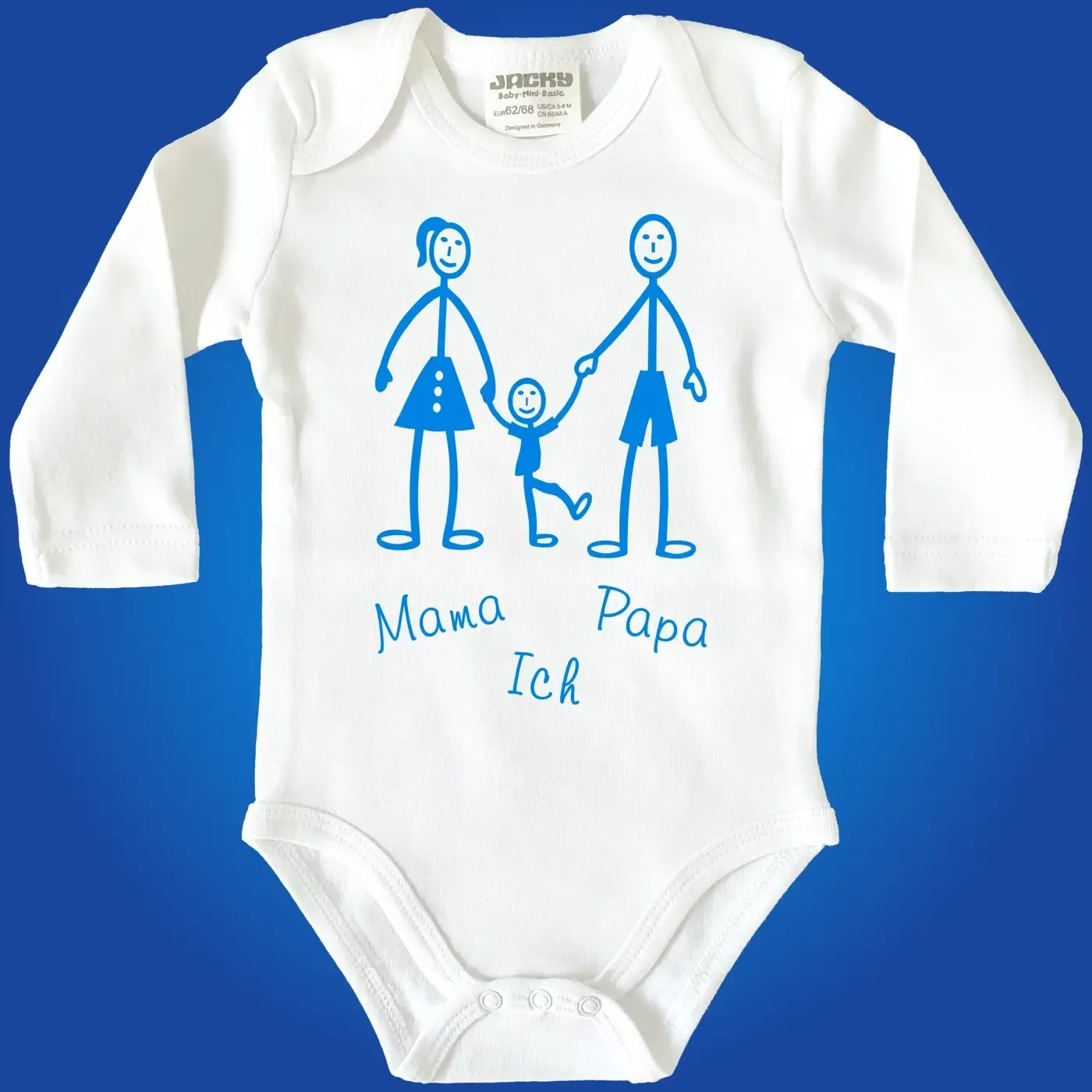 Babybody mit Wunschtext und Strichmännchen