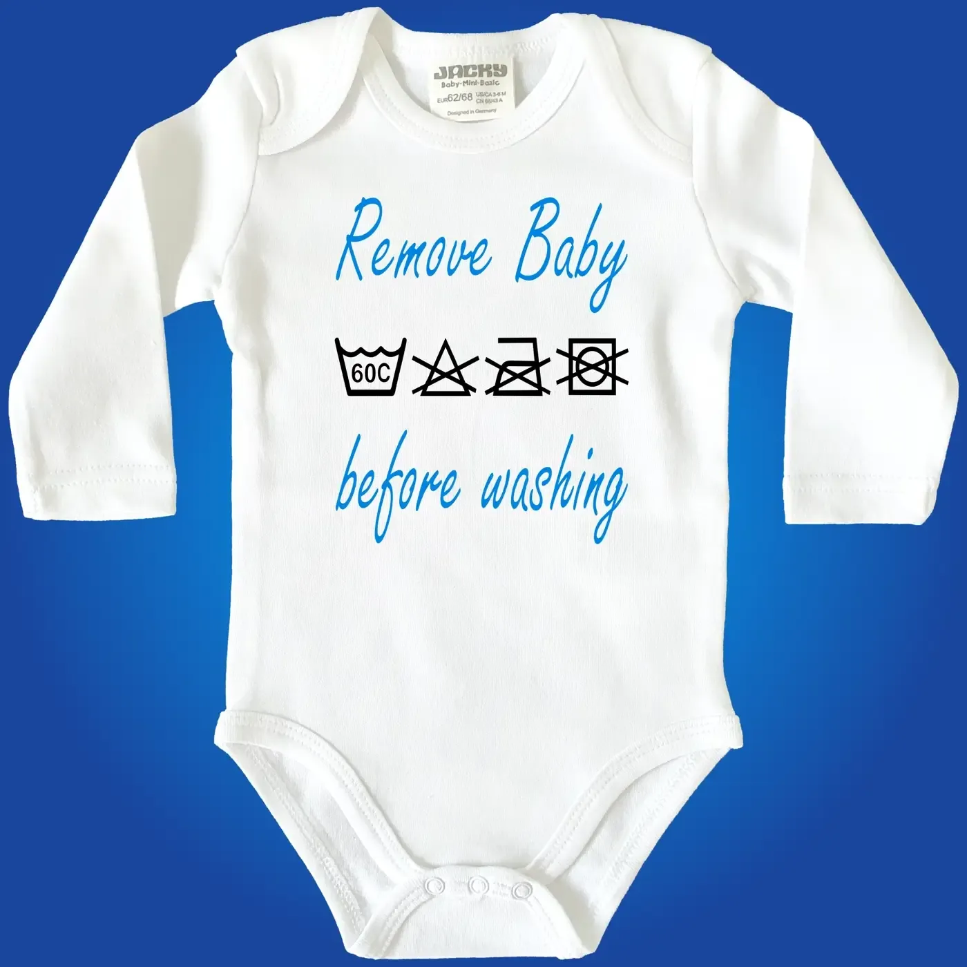 Babybody mit Waschsymbolen und Humor