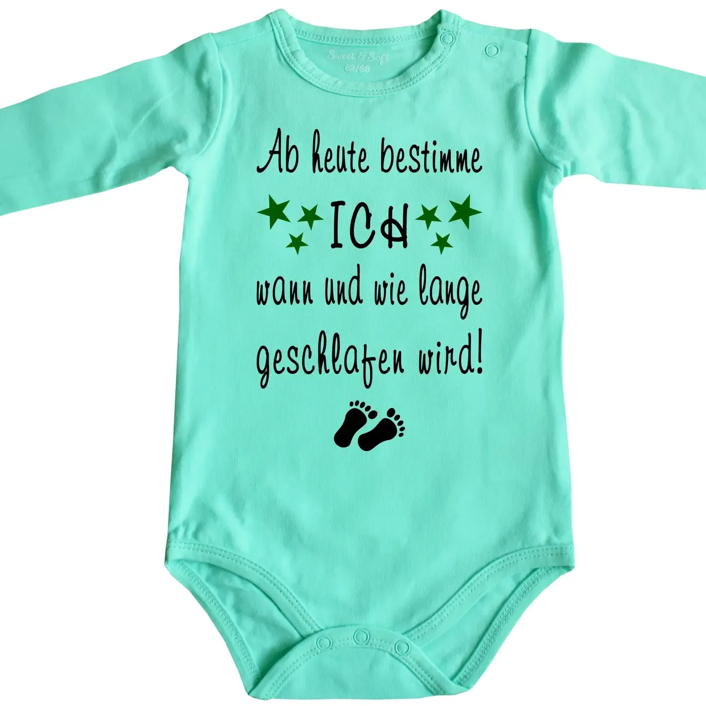 Baby‑Body mit Spruch „Ab heute bestimme ich, wann und wie lange geschlafen wird“